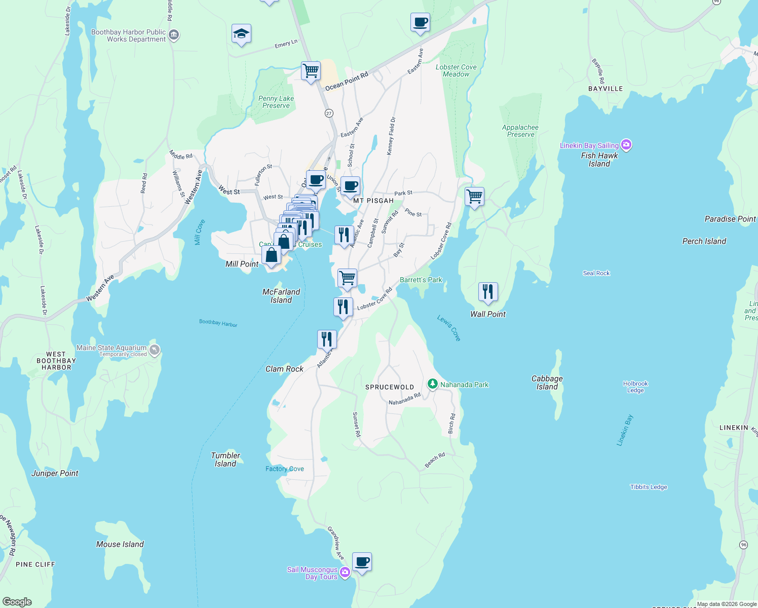 map of restaurants, bars, coffee shops, grocery stores, and more near 25 Lobster Cove Road in Boothbay Harbor