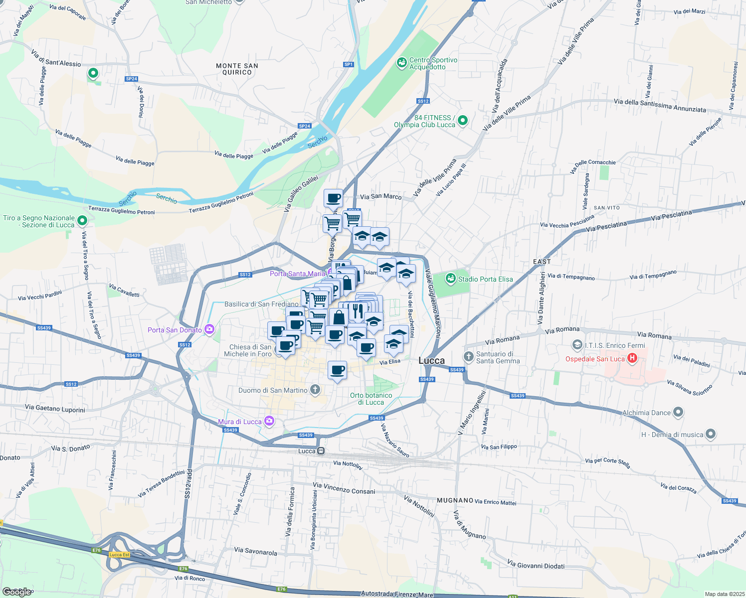 map of restaurants, bars, coffee shops, grocery stores, and more near 112 Via del Fosso in Lucca