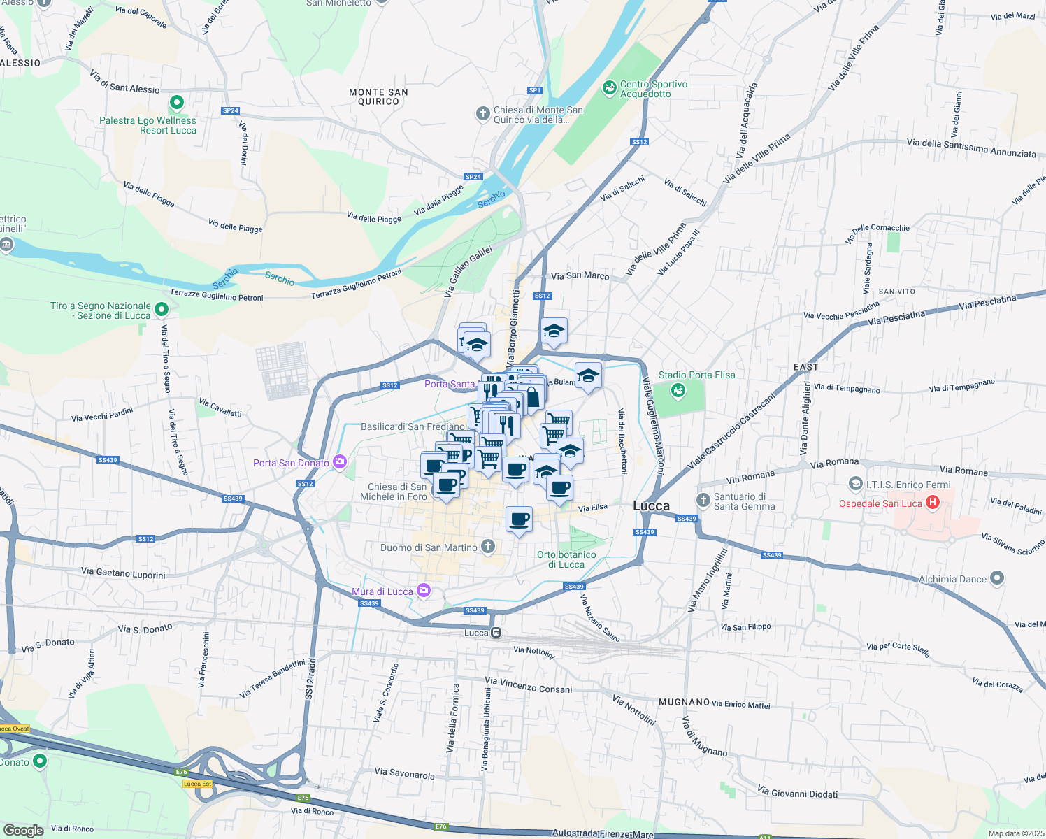 map of restaurants, bars, coffee shops, grocery stores, and more near 224 Via Fillungo in Lucca