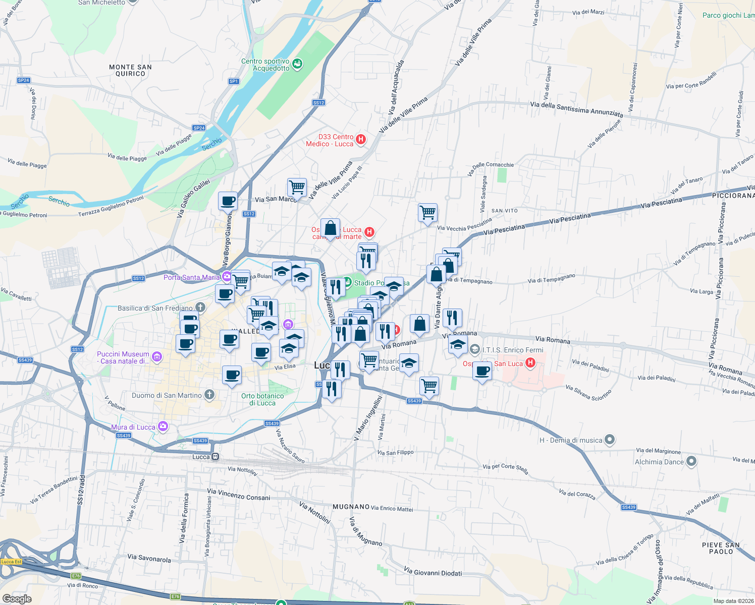 map of restaurants, bars, coffee shops, grocery stores, and more near Via Barbantini in Lucca