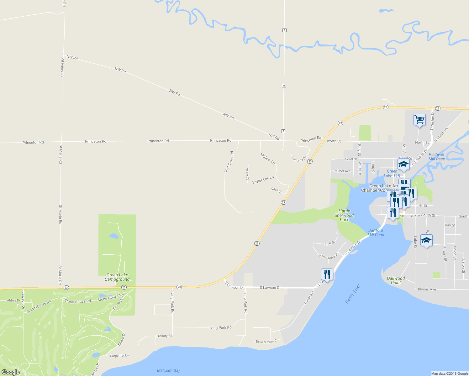 map of restaurants, bars, coffee shops, grocery stores, and more near W2035 Taylor Lee Lane in Green Lake