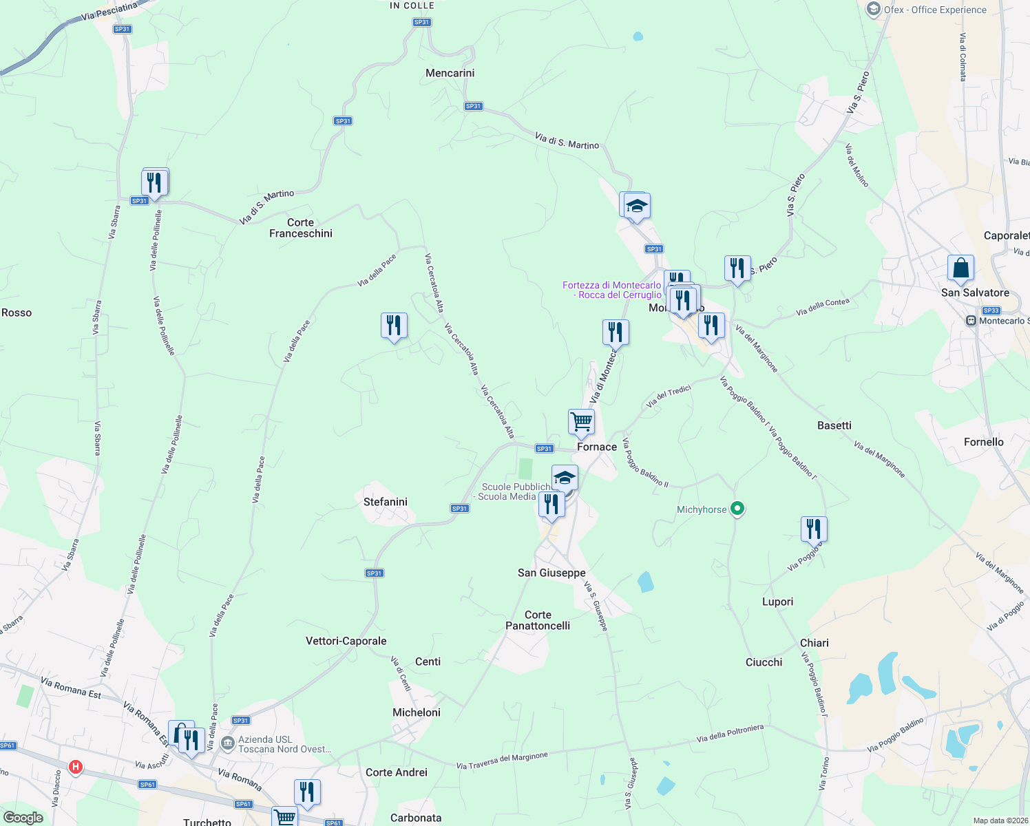 map of restaurants, bars, coffee shops, grocery stores, and more near 2 Via Cercatoia Alta in Provincia di Lucca