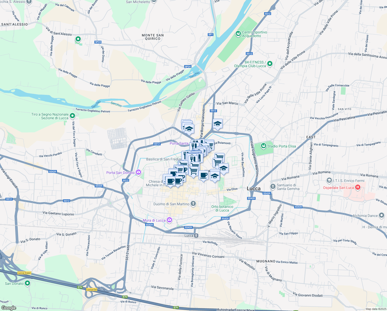map of restaurants, bars, coffee shops, grocery stores, and more near 6 Via della Cavallerizza in Lucca