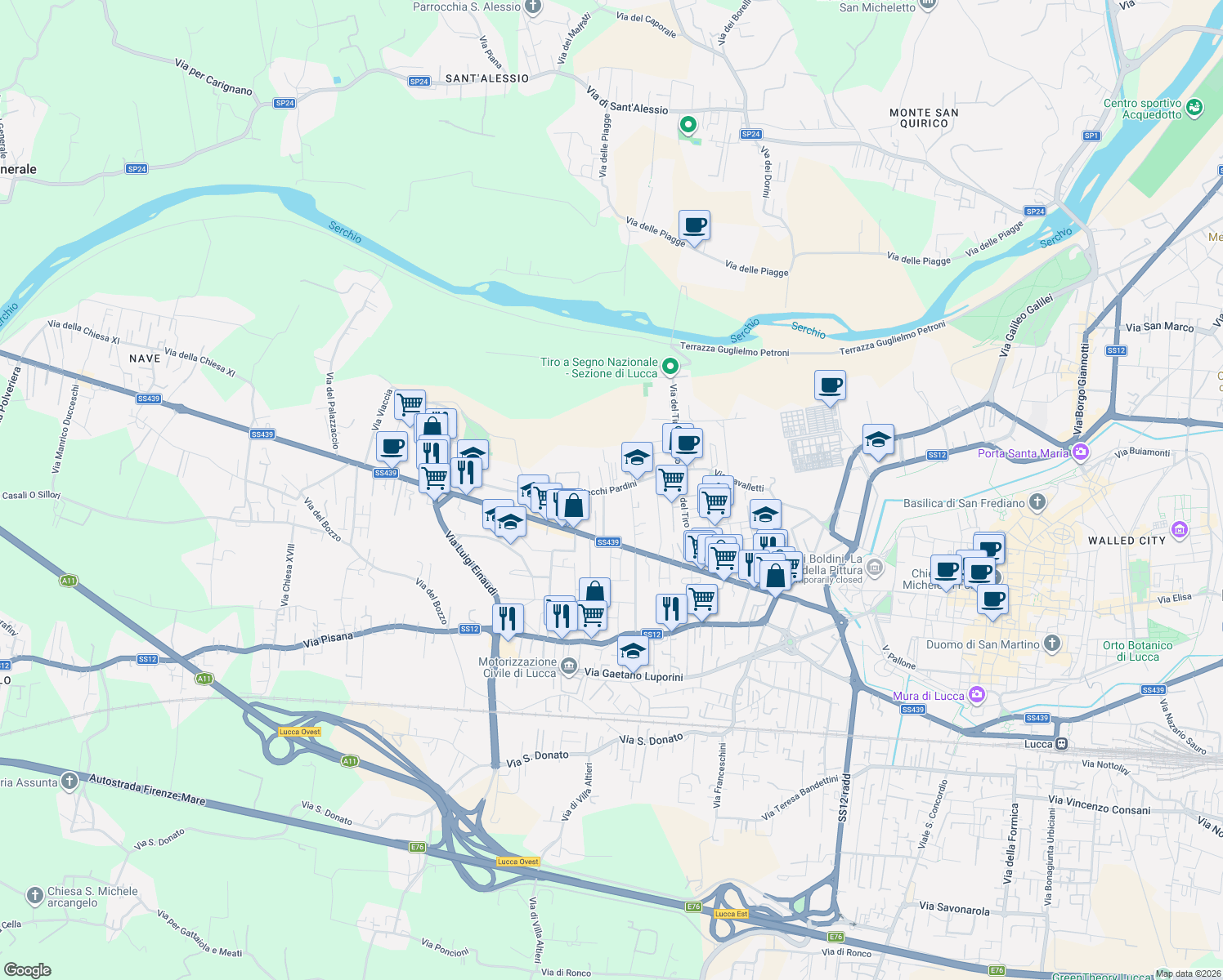 map of restaurants, bars, coffee shops, grocery stores, and more near Via Luigi Nerici in Lucca