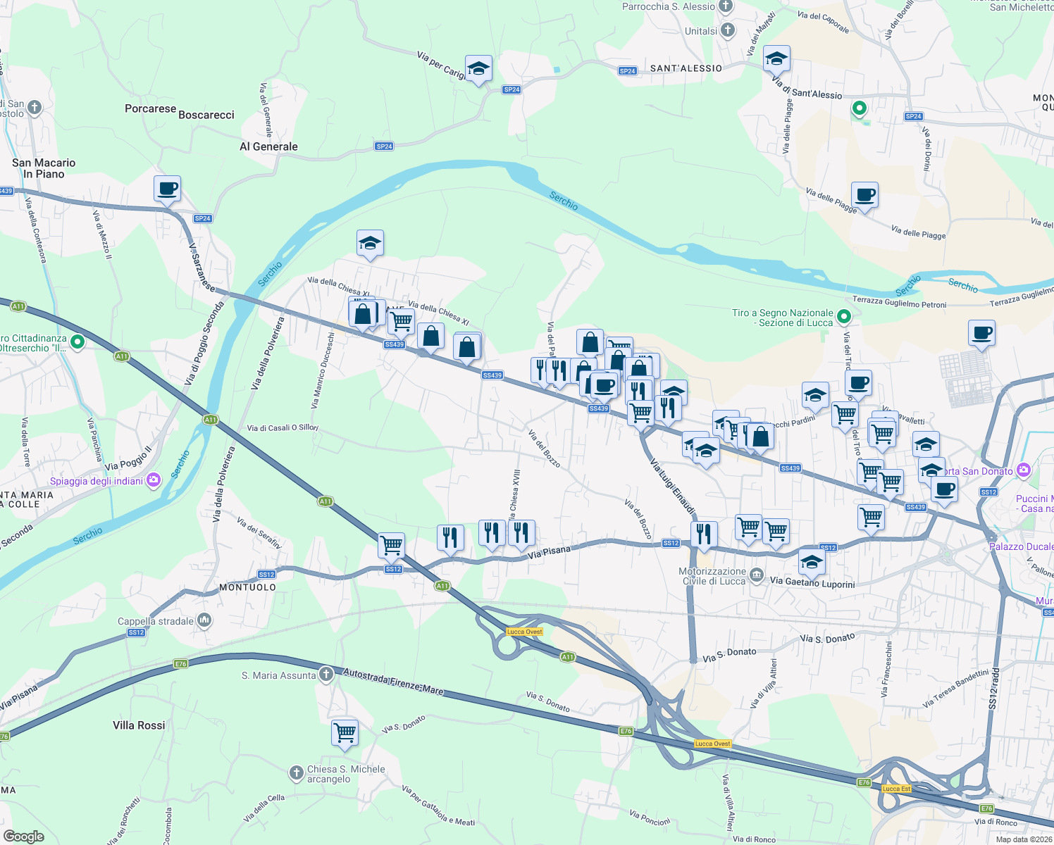 map of restaurants, bars, coffee shops, grocery stores, and more near 818 Viale del Bozzo in Lucca