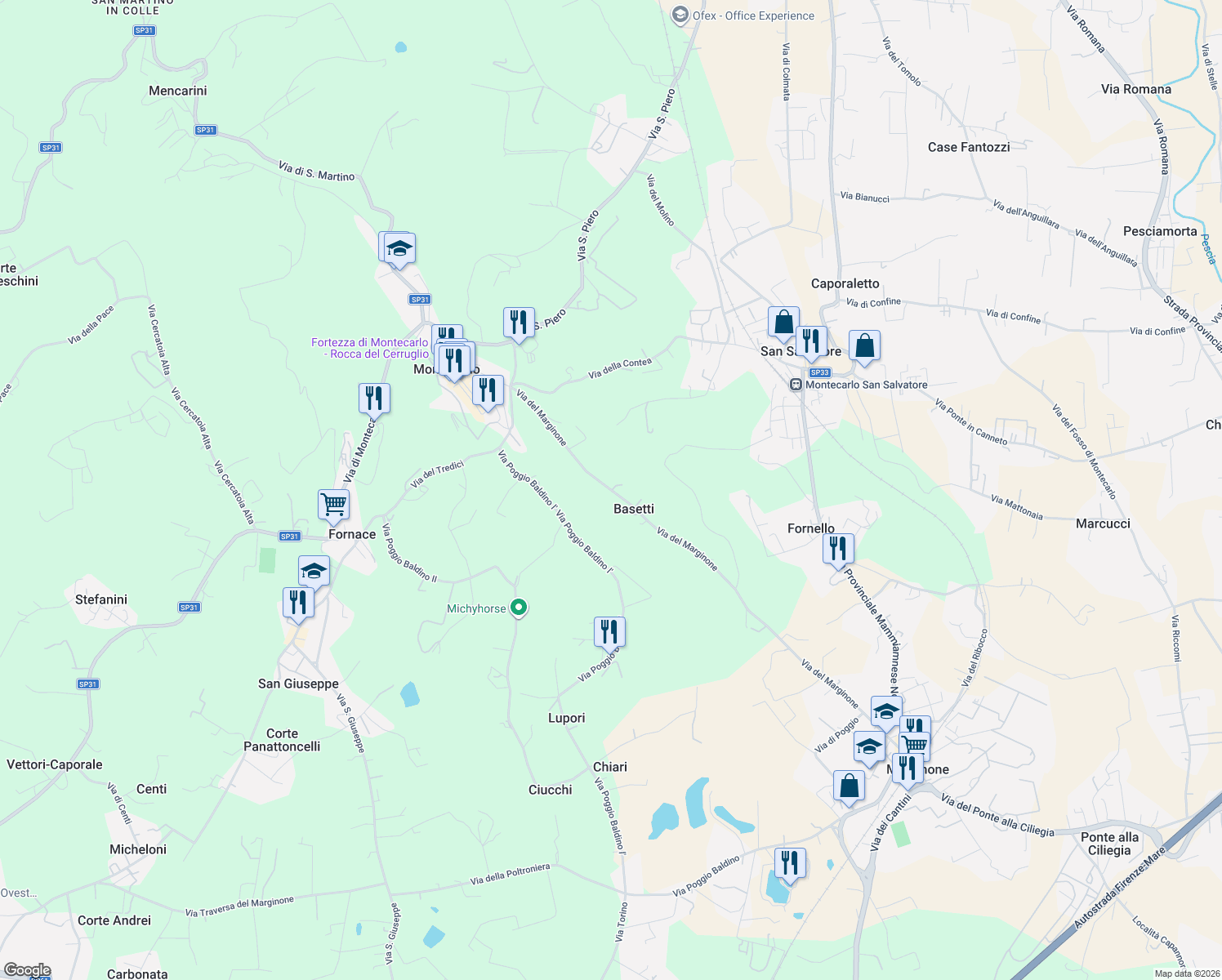 map of restaurants, bars, coffee shops, grocery stores, and more near 5 Via del Marginone in Provincia di Lucca