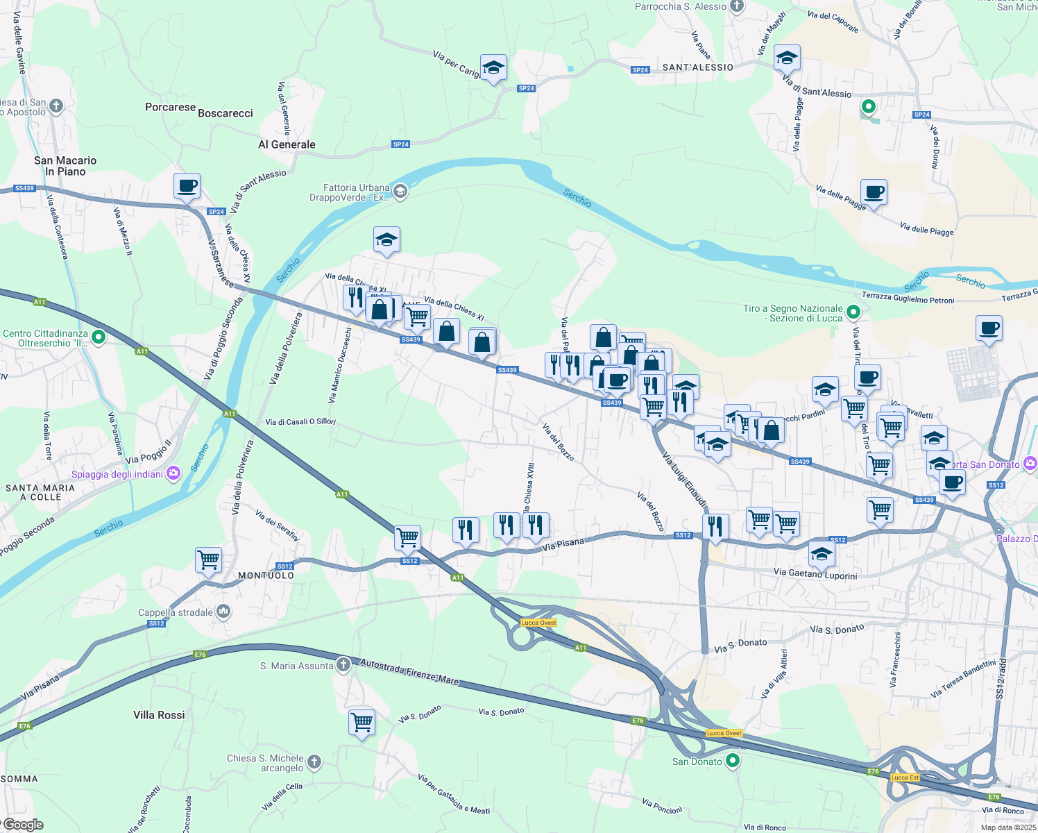 map of restaurants, bars, coffee shops, grocery stores, and more near 307 Via Sant'Angelo in Lucca