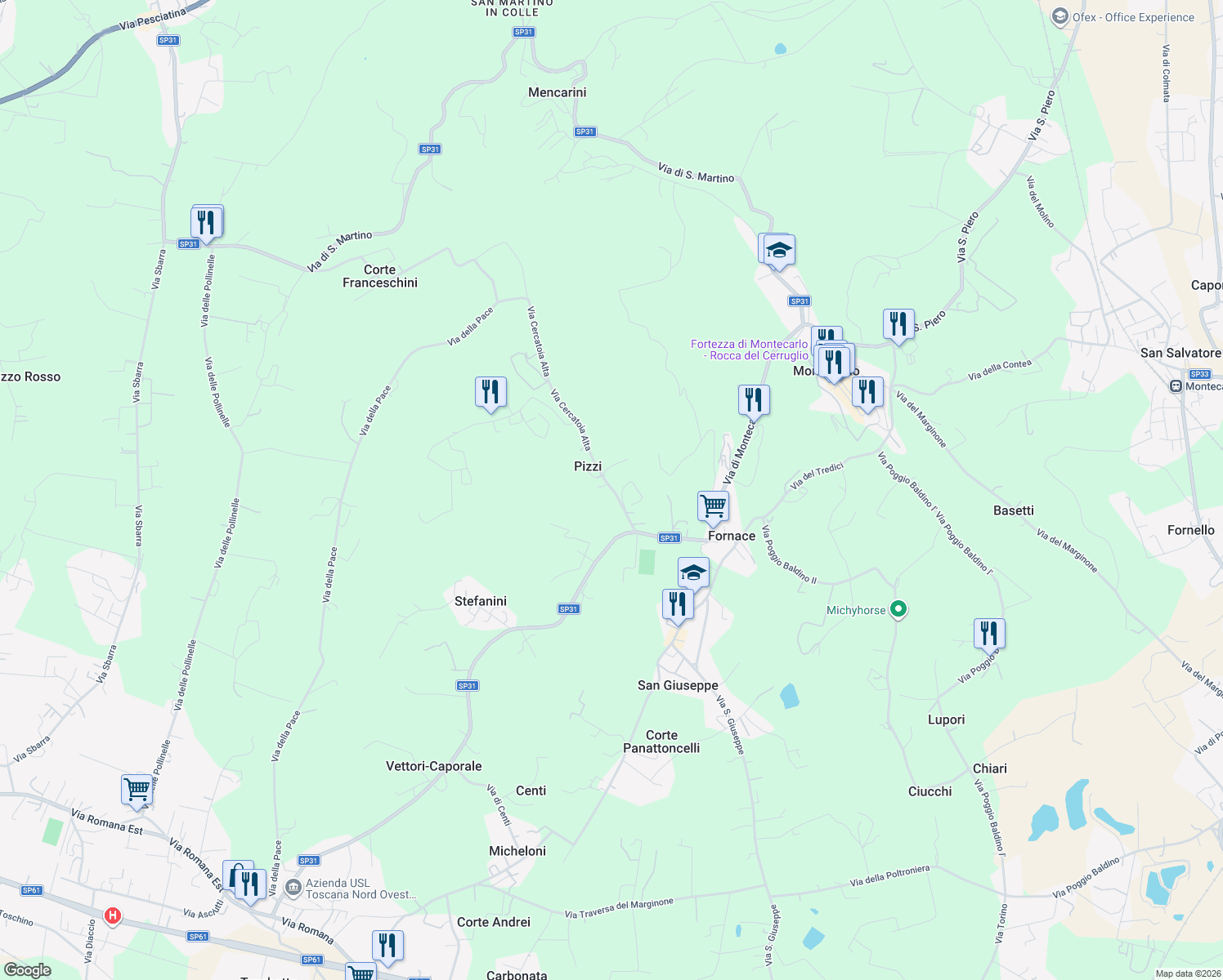 map of restaurants, bars, coffee shops, grocery stores, and more near 2/A Via Cercatoia Alta in Provincia di Lucca