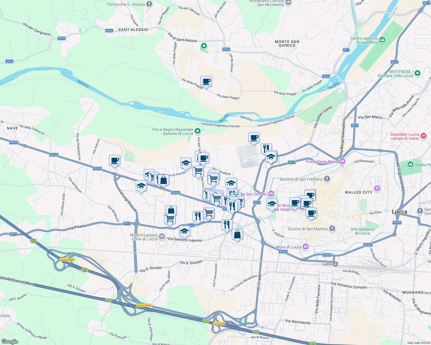 map of restaurants, bars, coffee shops, grocery stores, and more near 247 Via Don Giovanni Minzoni in Lucca