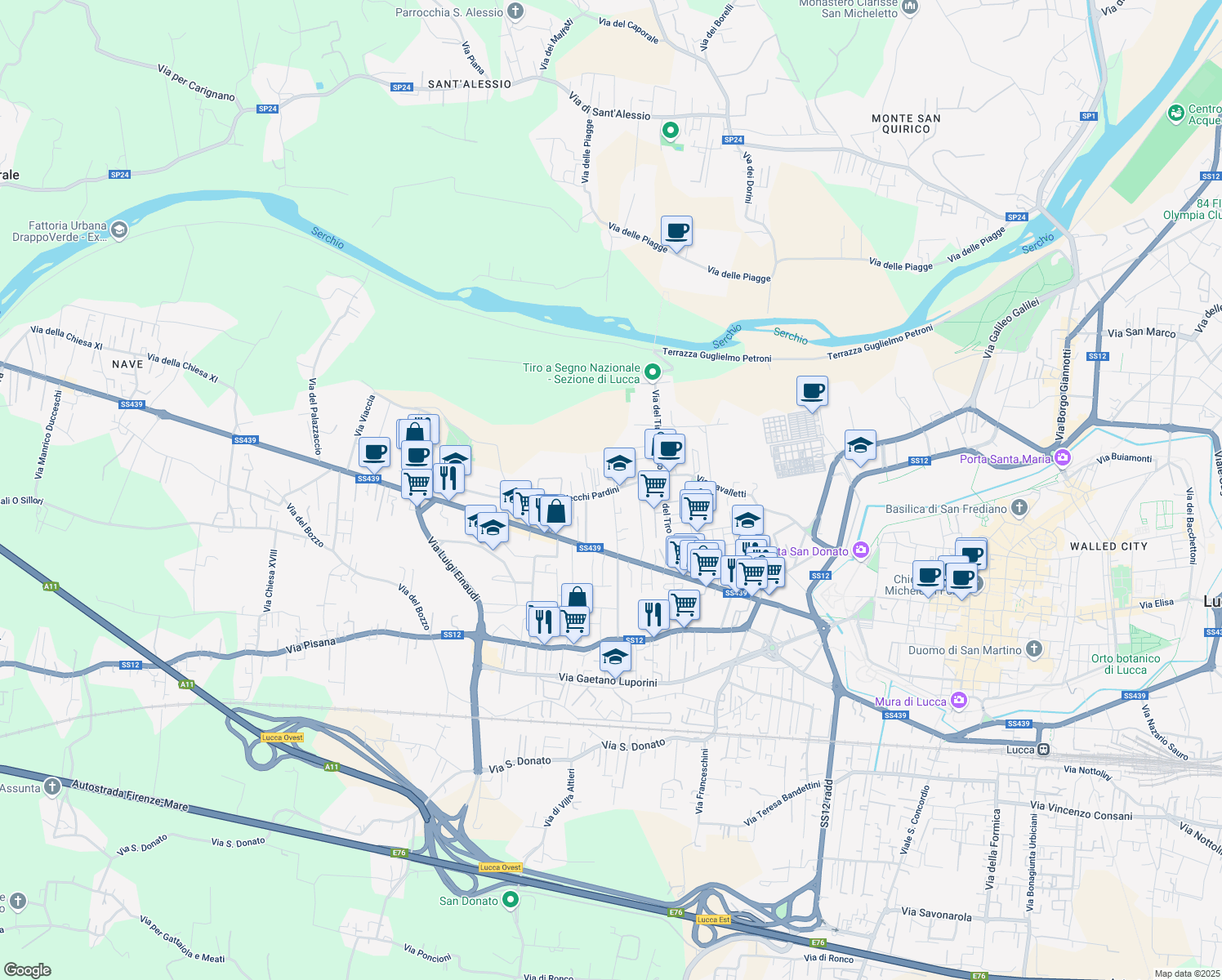 map of restaurants, bars, coffee shops, grocery stores, and more near 36 Traversa 1 in Lucca