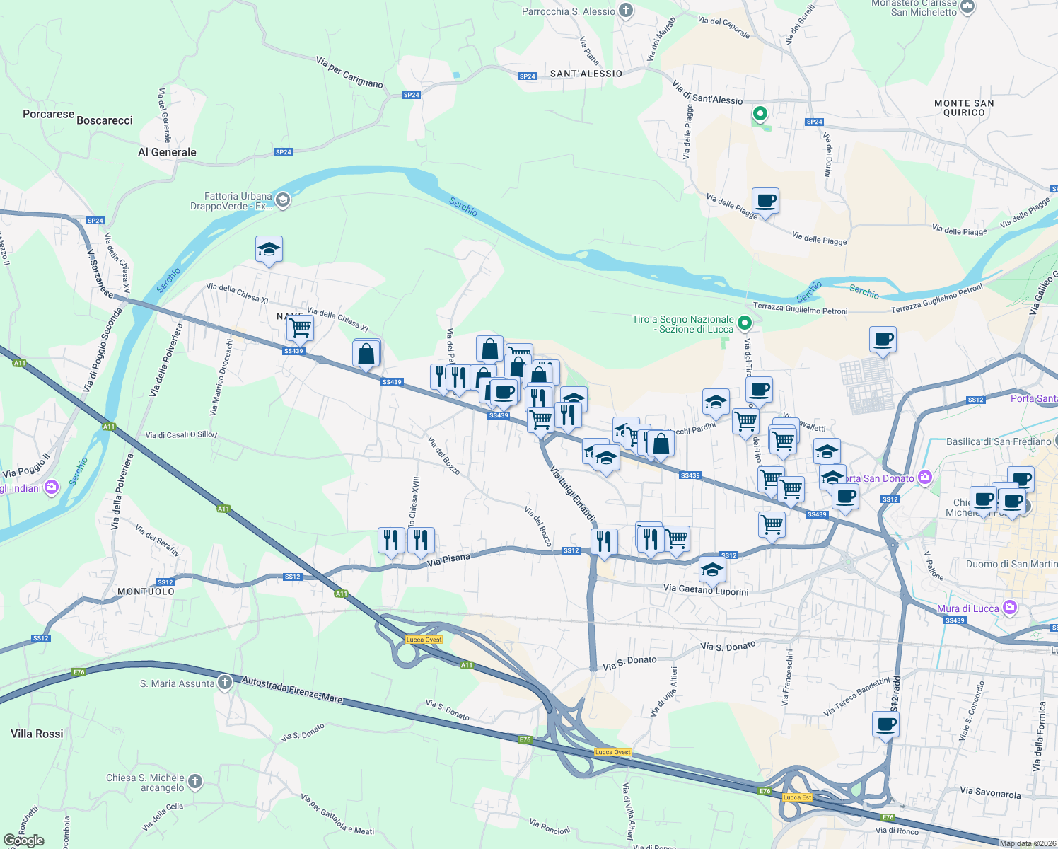 map of restaurants, bars, coffee shops, grocery stores, and more near 184 Traversa IX Via Giacomo Puccini in Lucca