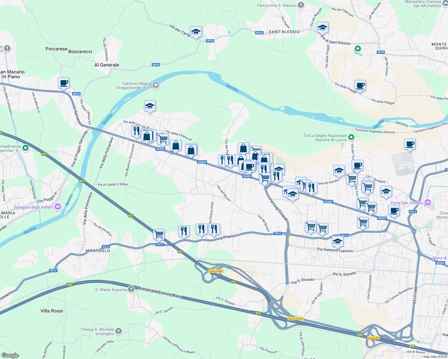 map of restaurants, bars, coffee shops, grocery stores, and more near 75 Via Sarzanese in Lucca