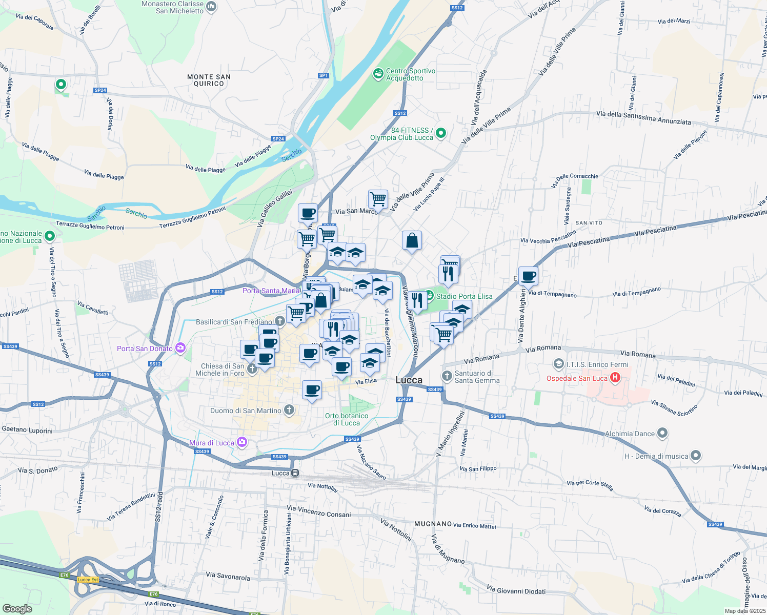 map of restaurants, bars, coffee shops, grocery stores, and more near 27 Via dei Bacchettoni in Lucca