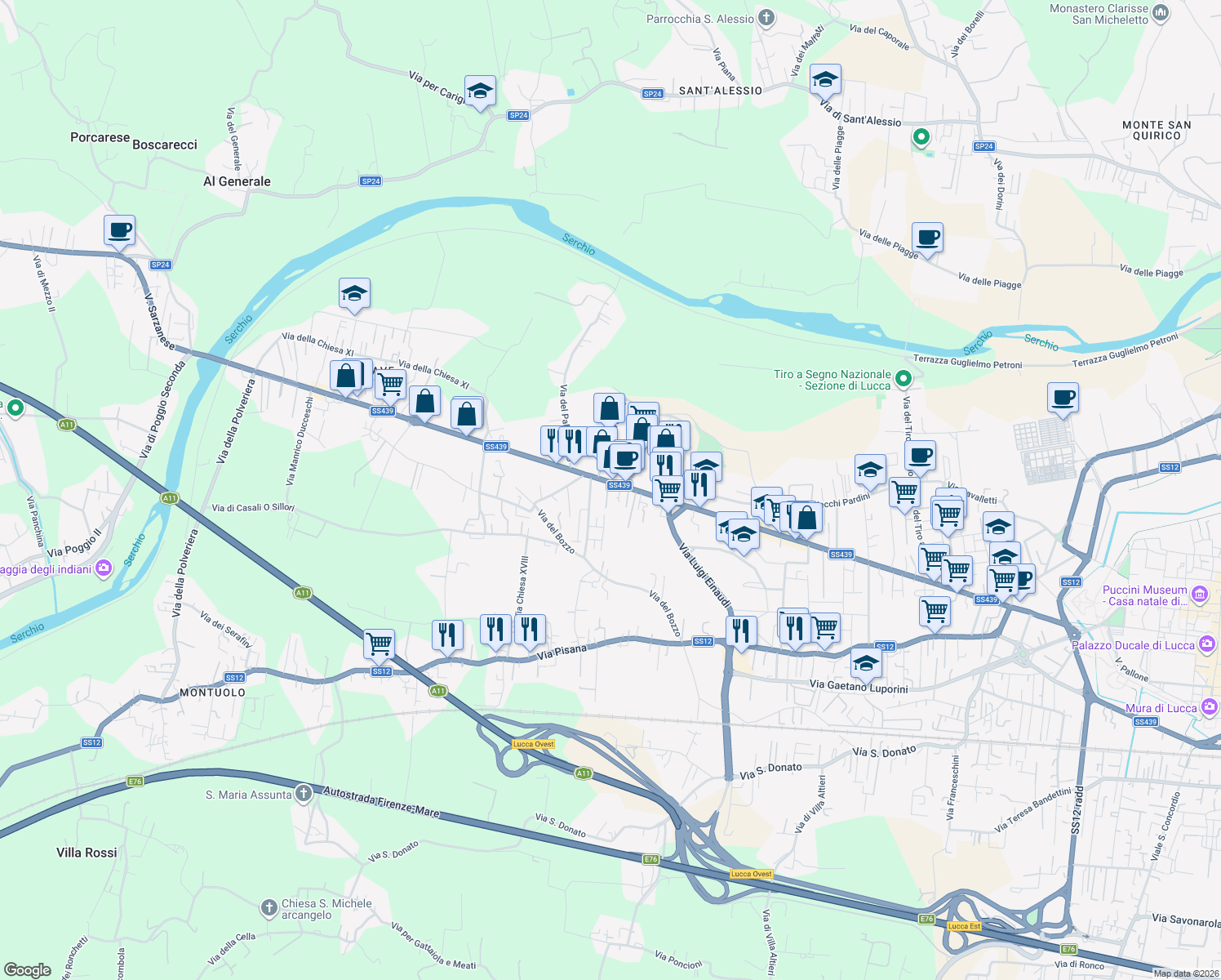 map of restaurants, bars, coffee shops, grocery stores, and more near 10 Via Viaccia in Lucca