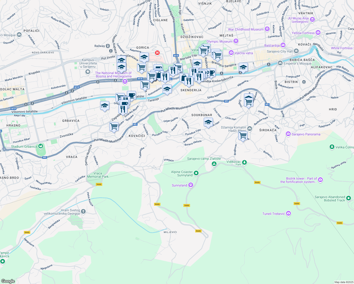 map of restaurants, bars, coffee shops, grocery stores, and more near Trebevićka in Sarajevo