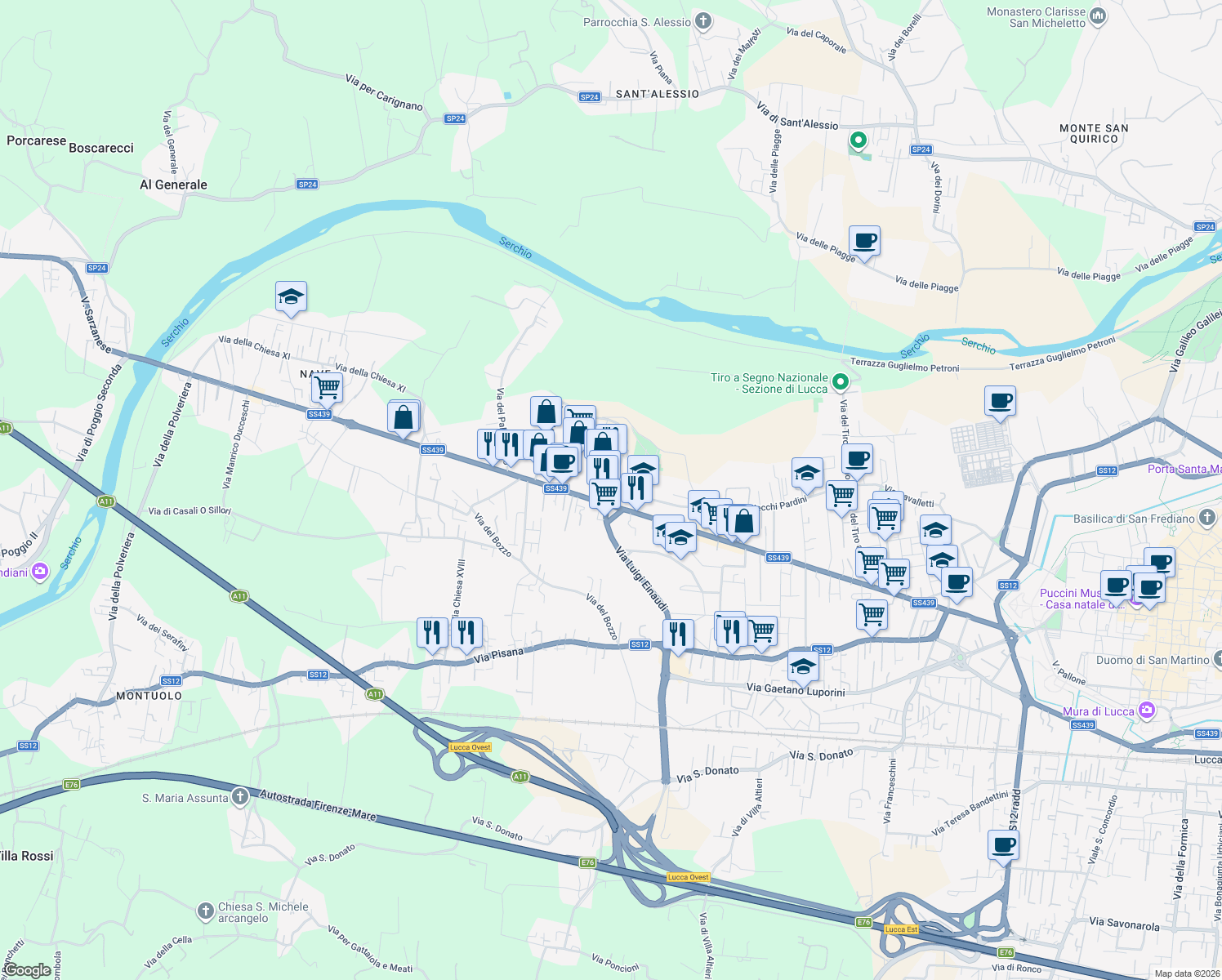 map of restaurants, bars, coffee shops, grocery stores, and more near 184 Traversa IX Via Giacomo Puccini in Lucca