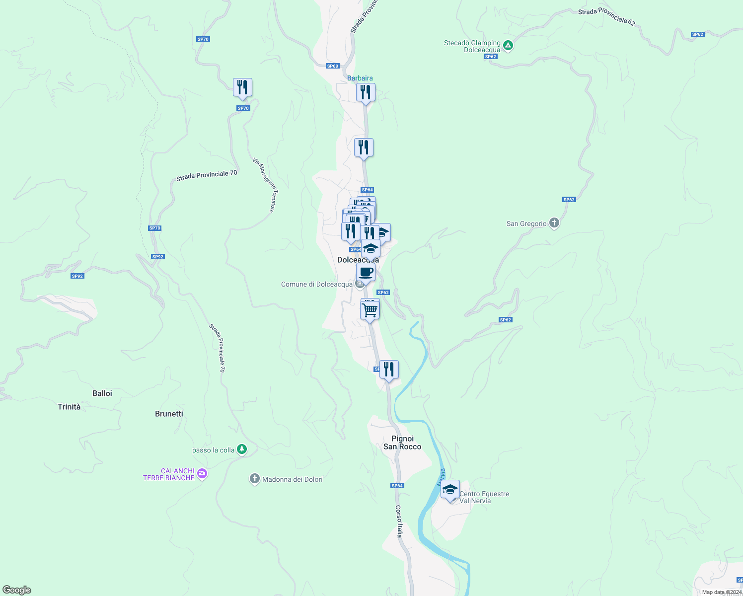 map of restaurants, bars, coffee shops, grocery stores, and more near 11 Via Roma in Dolceacqua