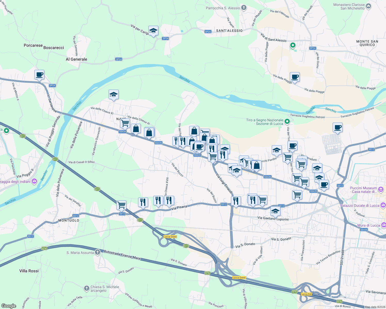 map of restaurants, bars, coffee shops, grocery stores, and more near 10 Via Viaccia in Lucca