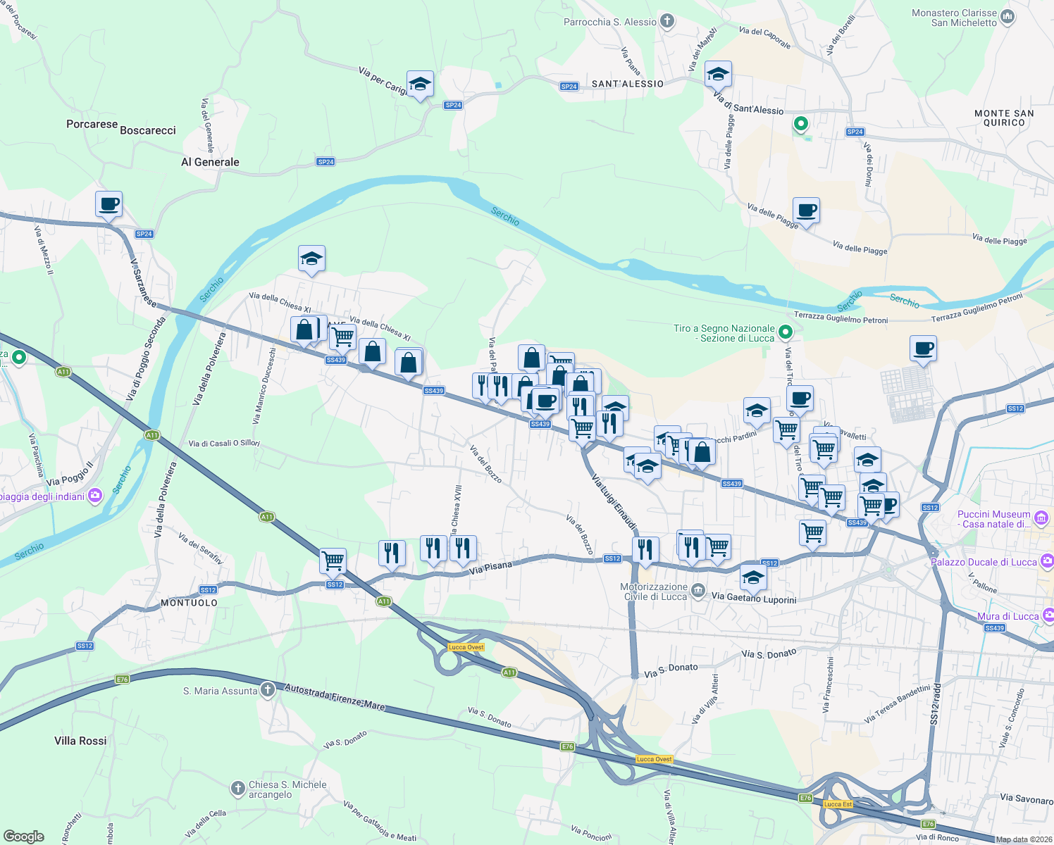 map of restaurants, bars, coffee shops, grocery stores, and more near 10 Via Viaccia in Lucca