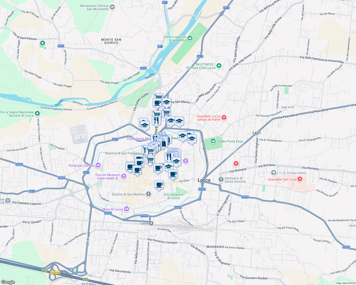 map of restaurants, bars, coffee shops, grocery stores, and more near 77 Via Michele Rosi in Lucca