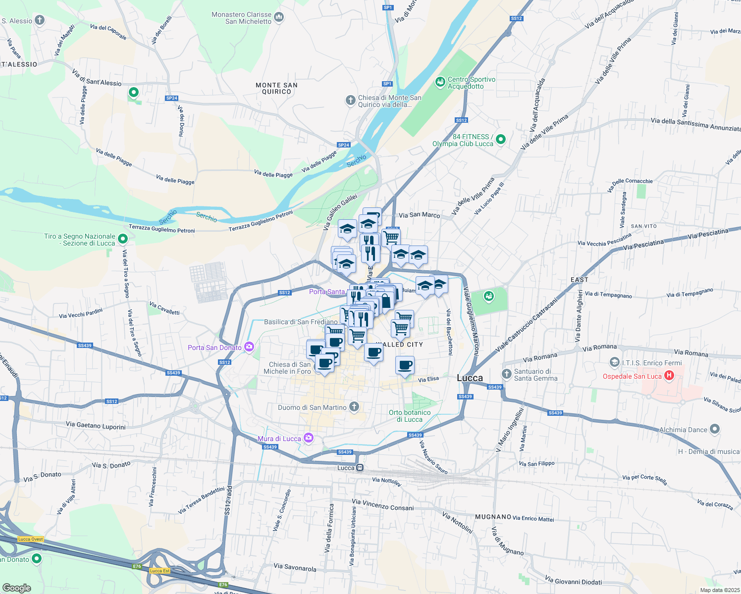 map of restaurants, bars, coffee shops, grocery stores, and more near Passeggiata Mura in Lucca