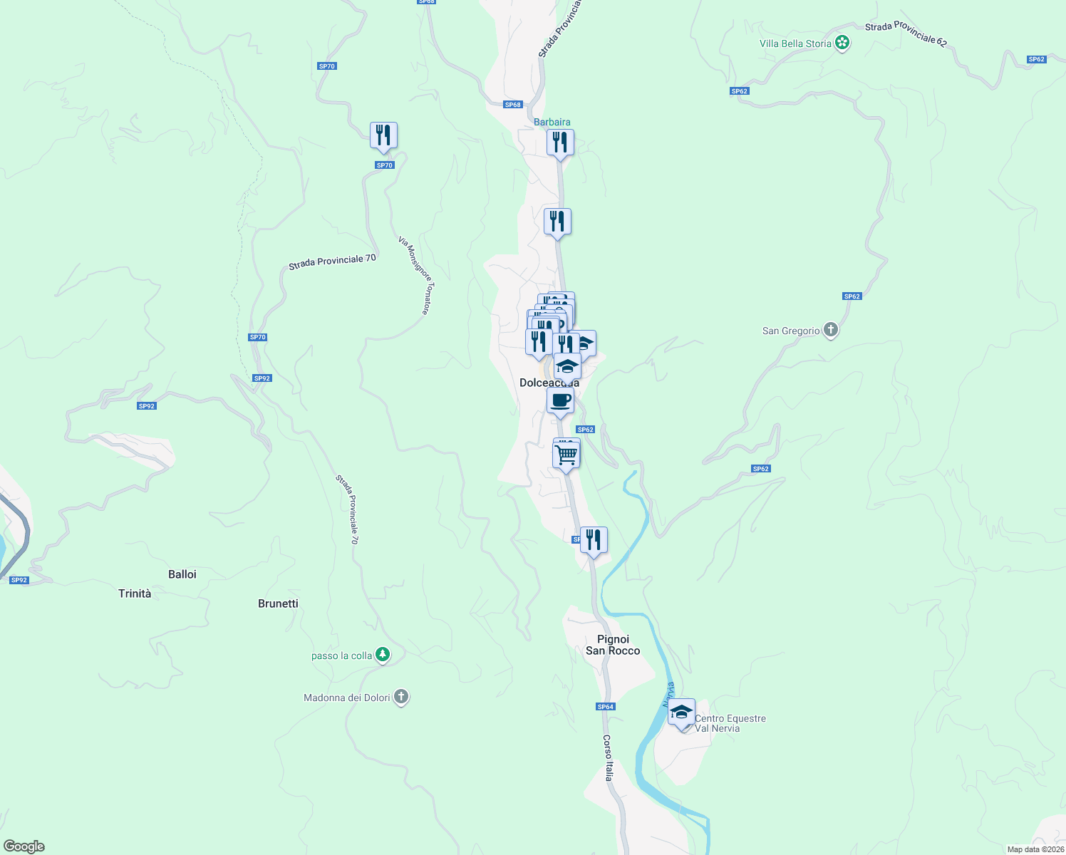 map of restaurants, bars, coffee shops, grocery stores, and more near 14 Via Monsignor Bartolomeo Tornatore in Dolceacqua