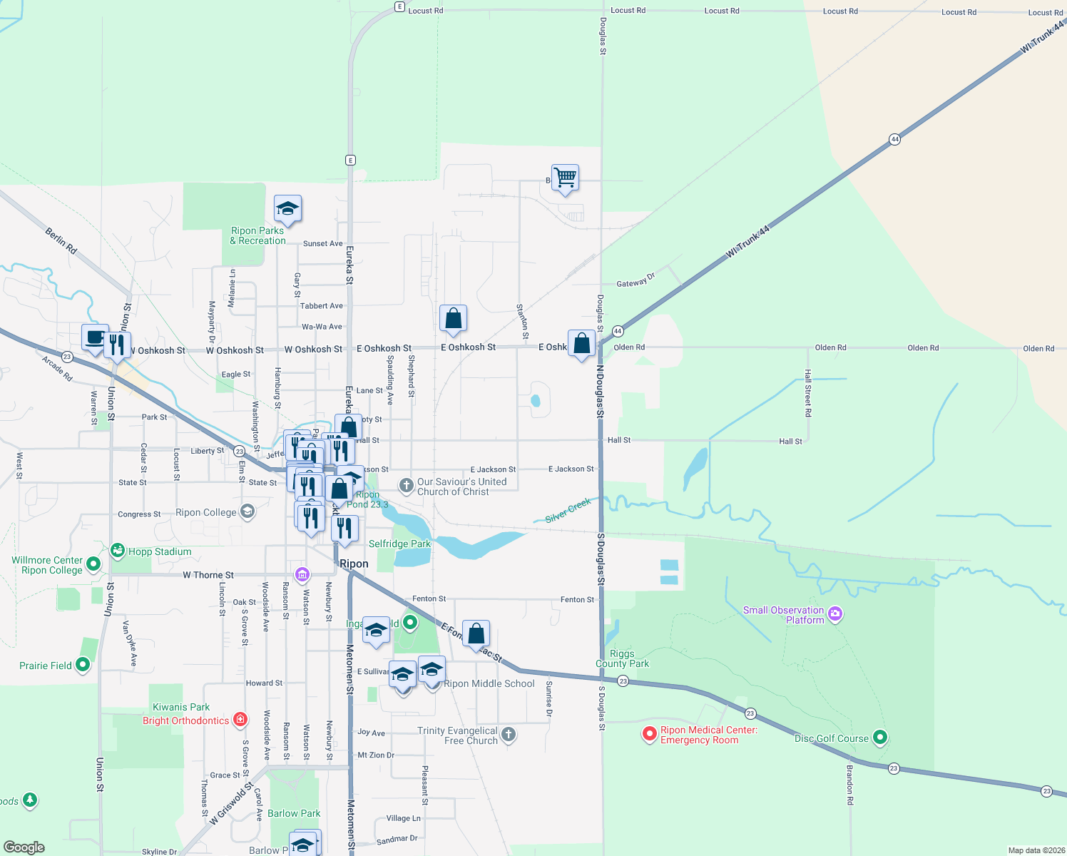 map of restaurants, bars, coffee shops, grocery stores, and more near 317 Stanton Street in Ripon