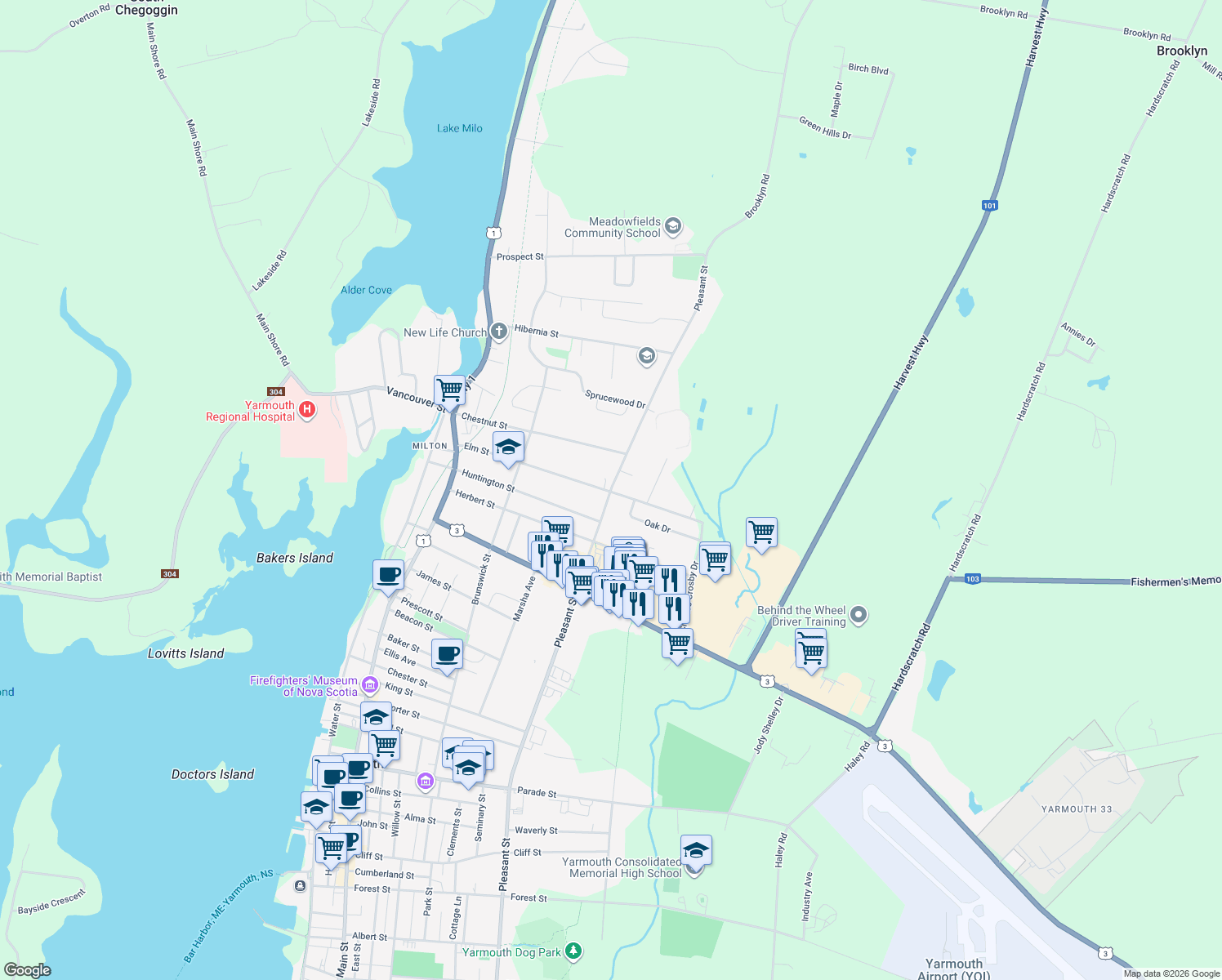 map of restaurants, bars, coffee shops, grocery stores, and more near 323 Pleasant Street in Yarmouth