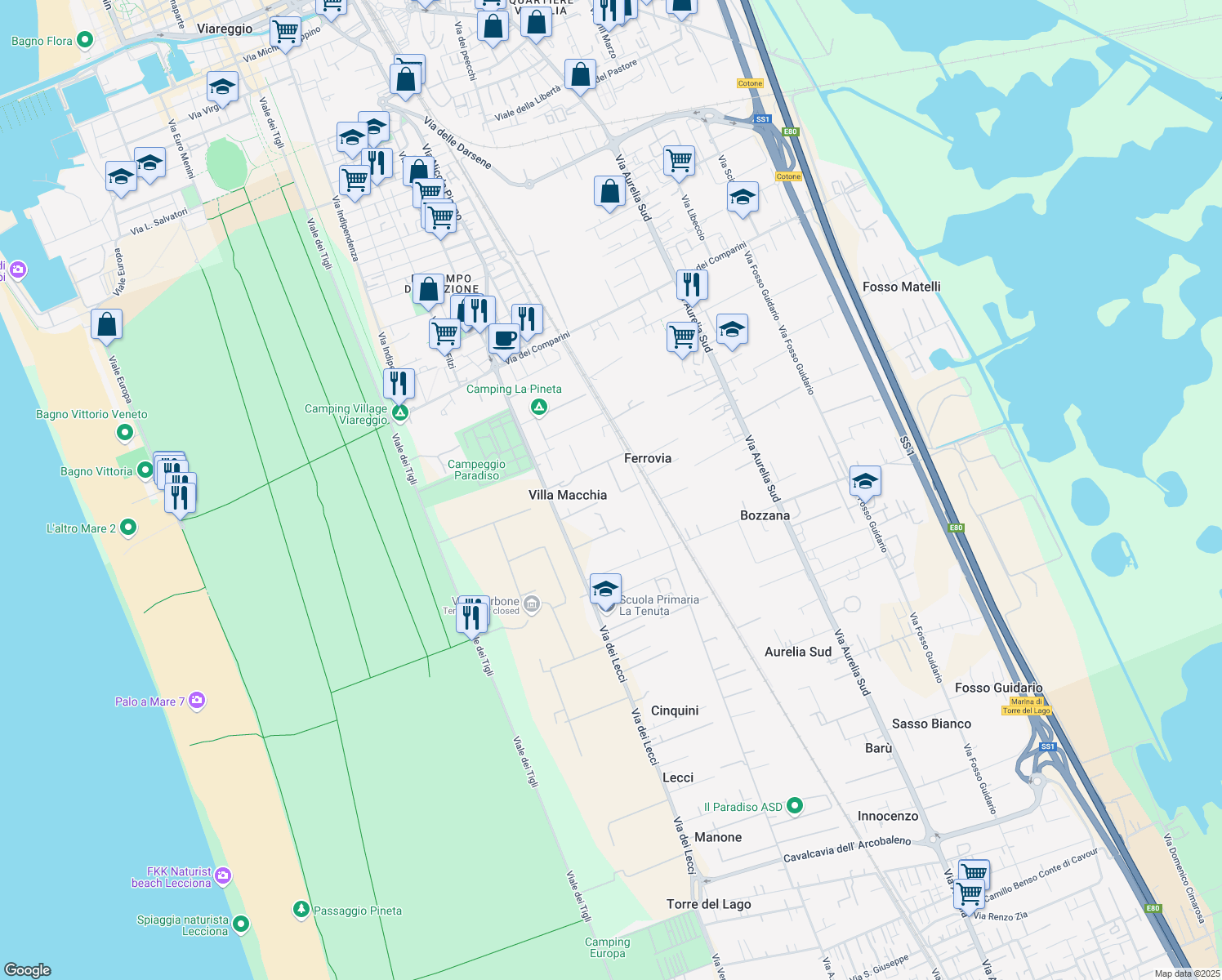 map of restaurants, bars, coffee shops, grocery stores, and more near 133/a Via dei Lecci in Viareggio