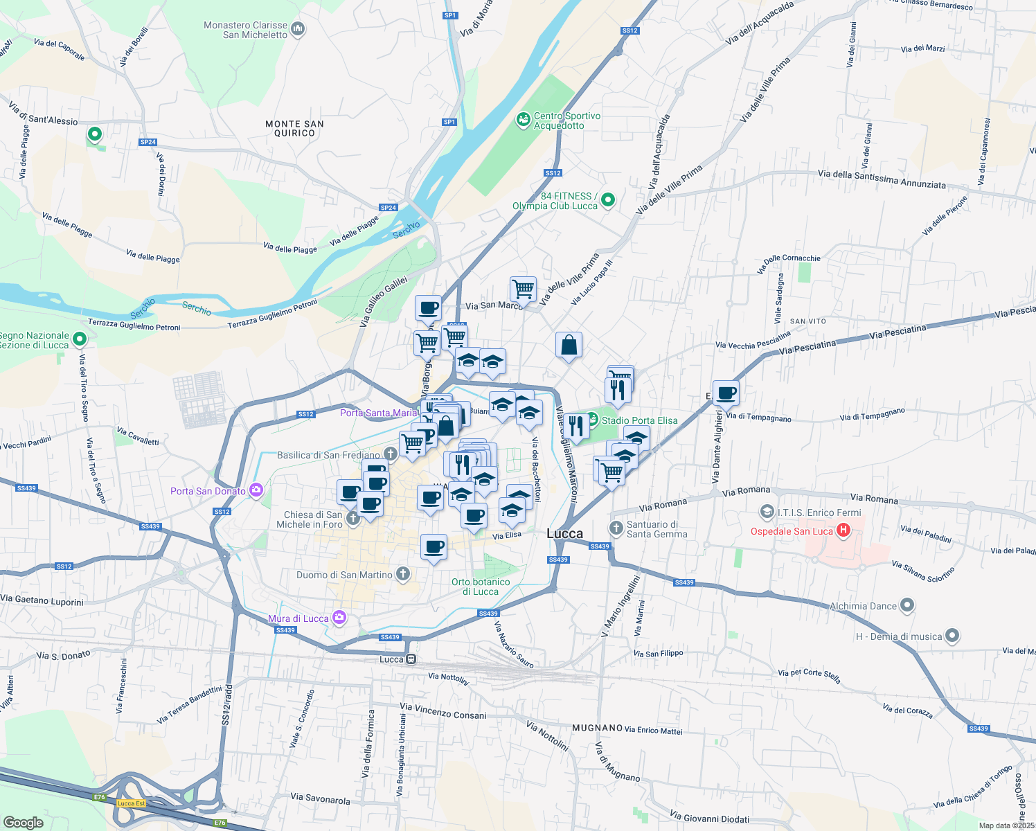 map of restaurants, bars, coffee shops, grocery stores, and more near 27 Via dei Bacchettoni in Lucca