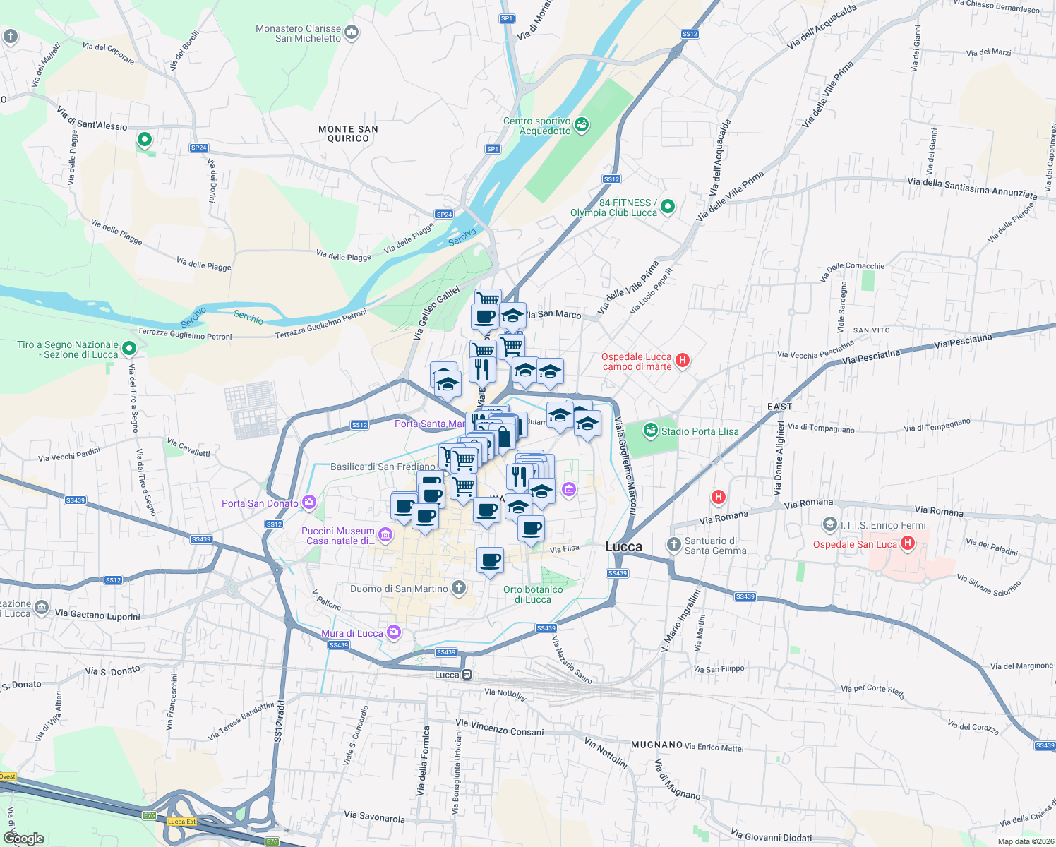 map of restaurants, bars, coffee shops, grocery stores, and more near 77 Via Michele Rosi in Lucca