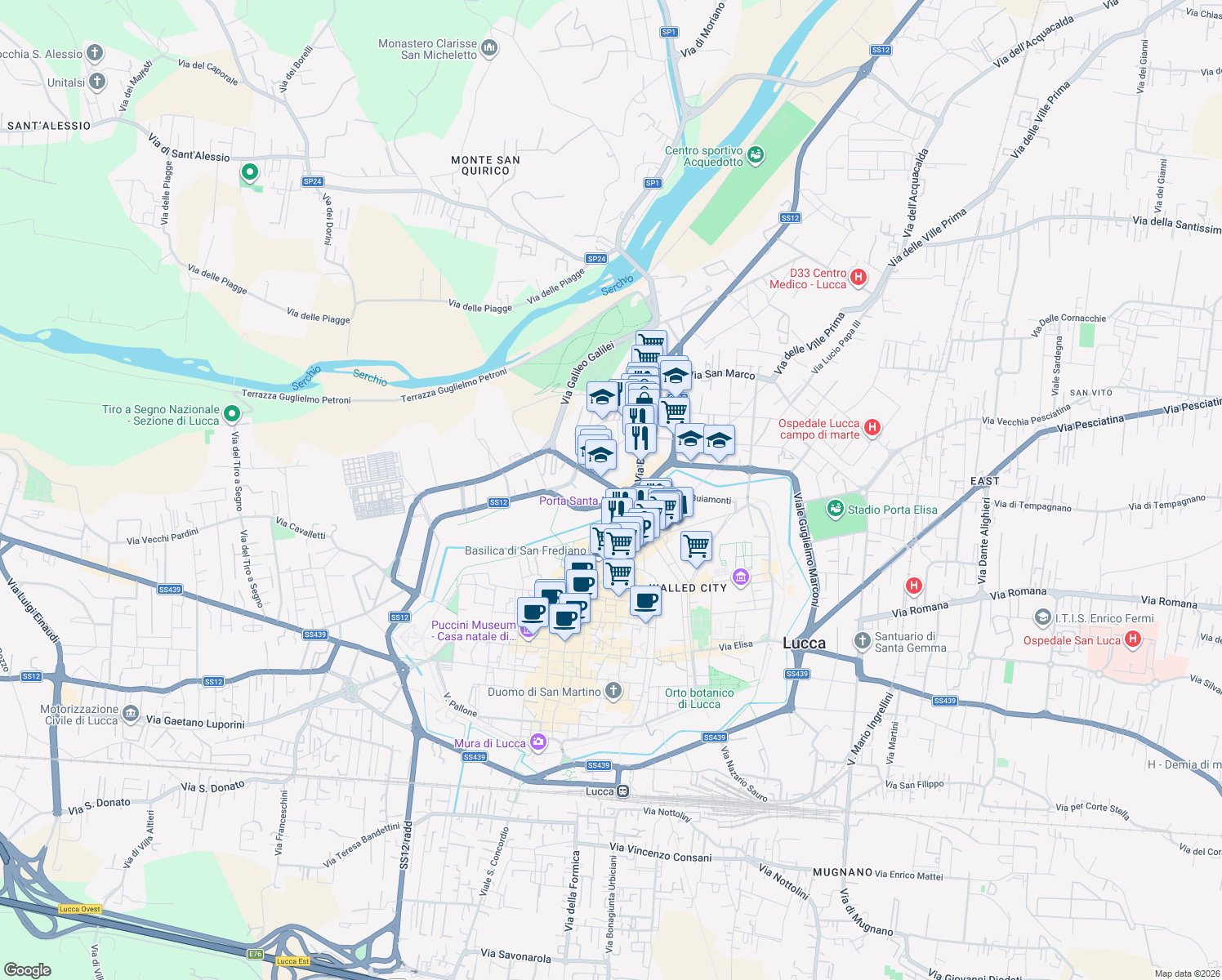map of restaurants, bars, coffee shops, grocery stores, and more near in Lucca