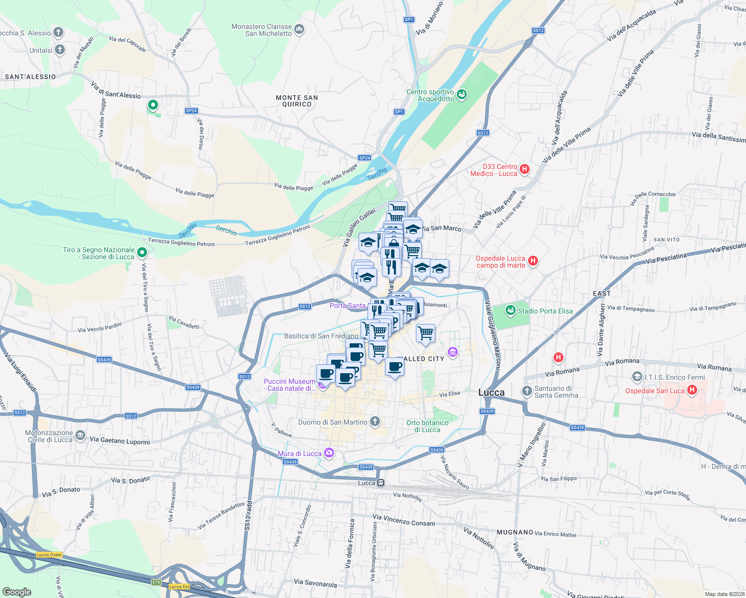 map of restaurants, bars, coffee shops, grocery stores, and more near in Lucca