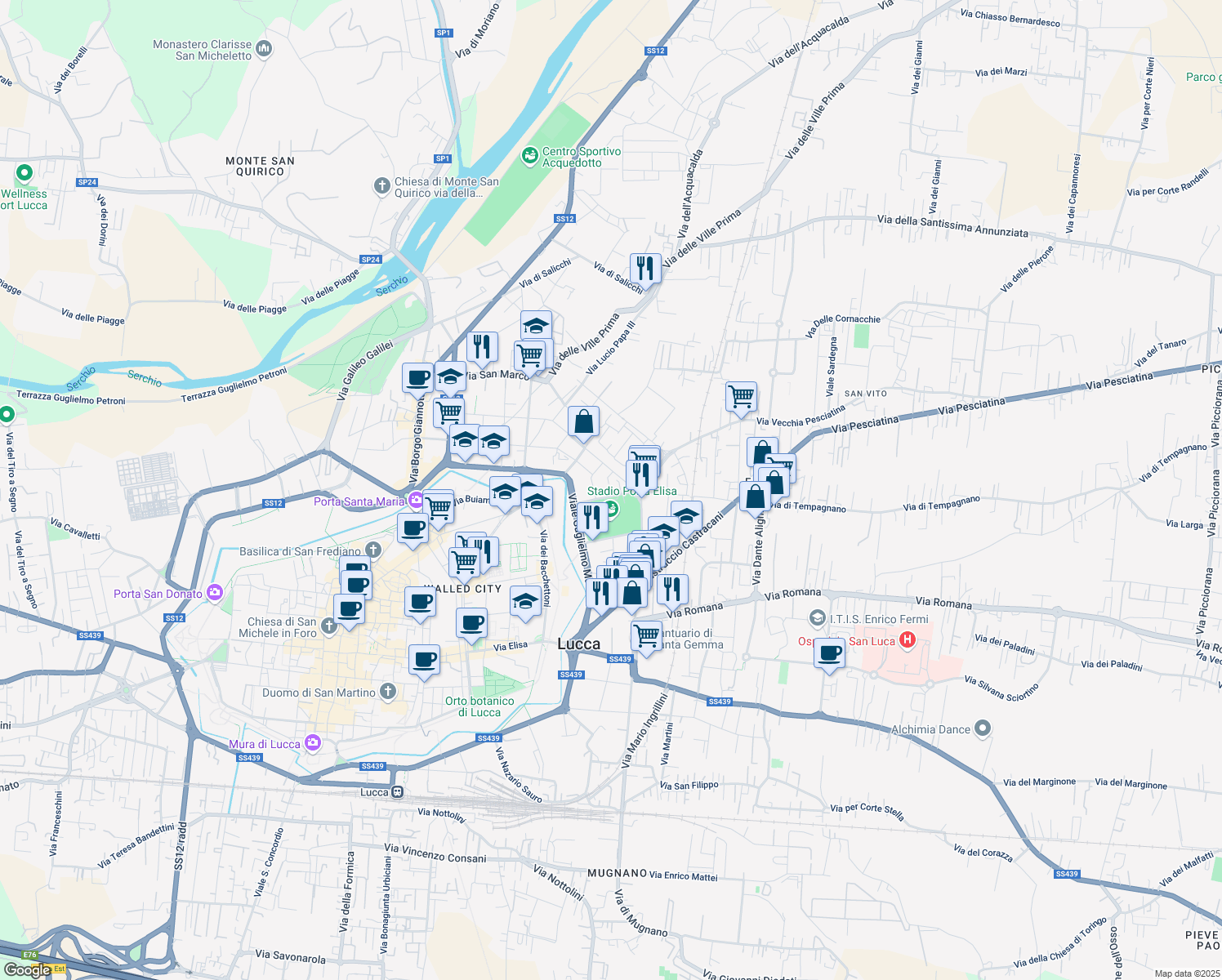 map of restaurants, bars, coffee shops, grocery stores, and more near Via Angelo Pelliccia in Lucca