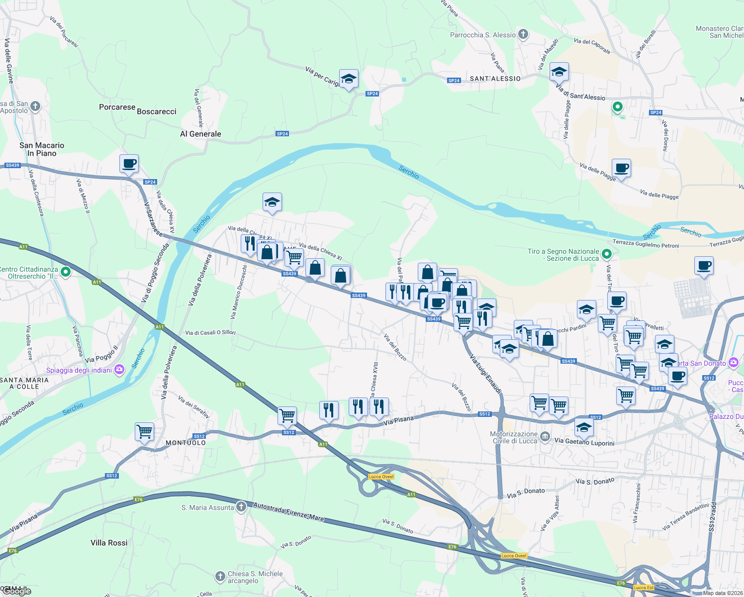 map of restaurants, bars, coffee shops, grocery stores, and more near 234 Via Sarzanese in Lucca