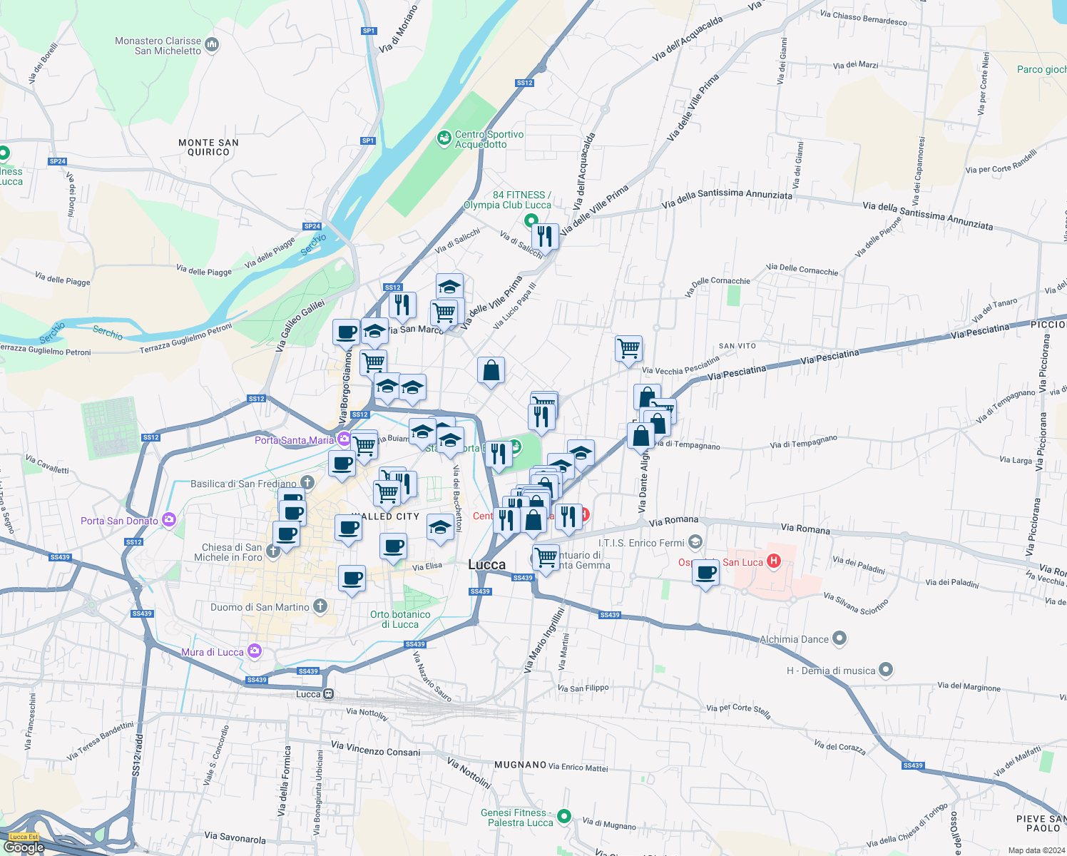 map of restaurants, bars, coffee shops, grocery stores, and more near Via Angelo Pelliccia in Lucca