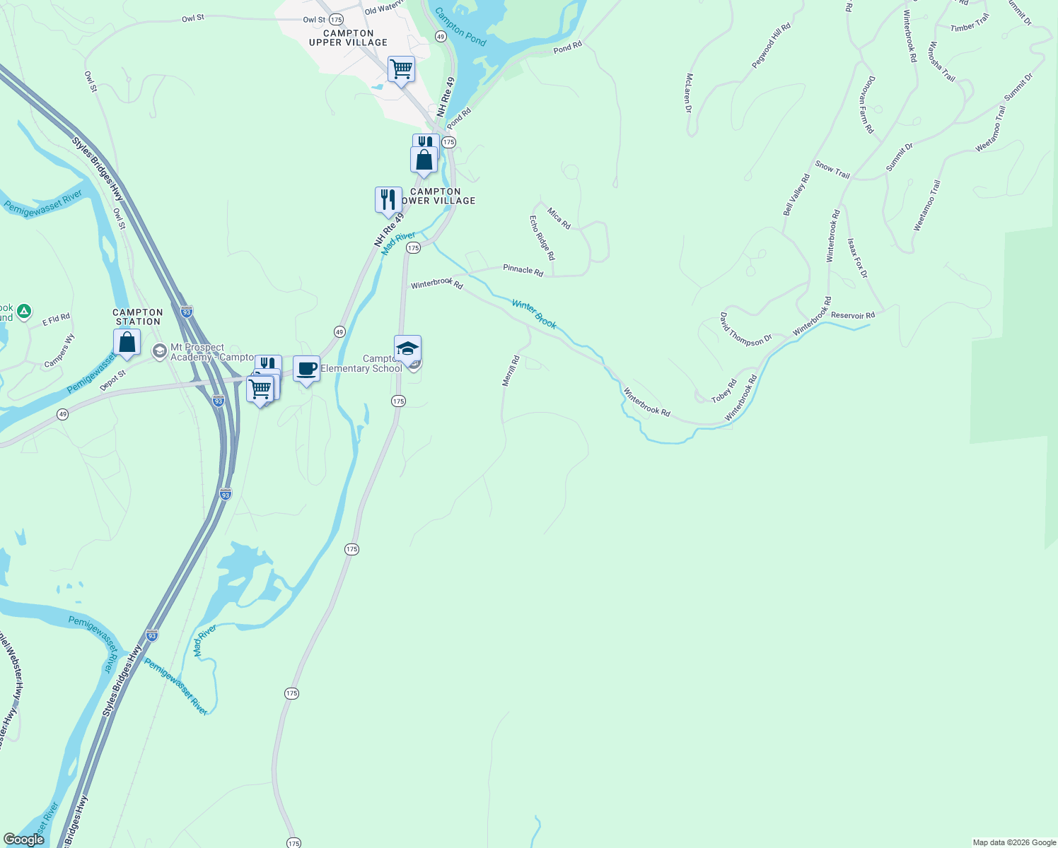 map of restaurants, bars, coffee shops, grocery stores, and more near 37 Deacon Willey Road in Campton