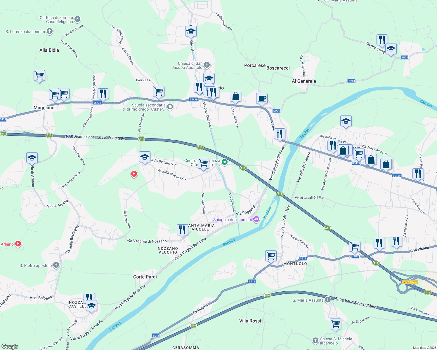 map of restaurants, bars, coffee shops, grocery stores, and more near 14 Traversa I Via Vecchia della Chiesa in Lucca