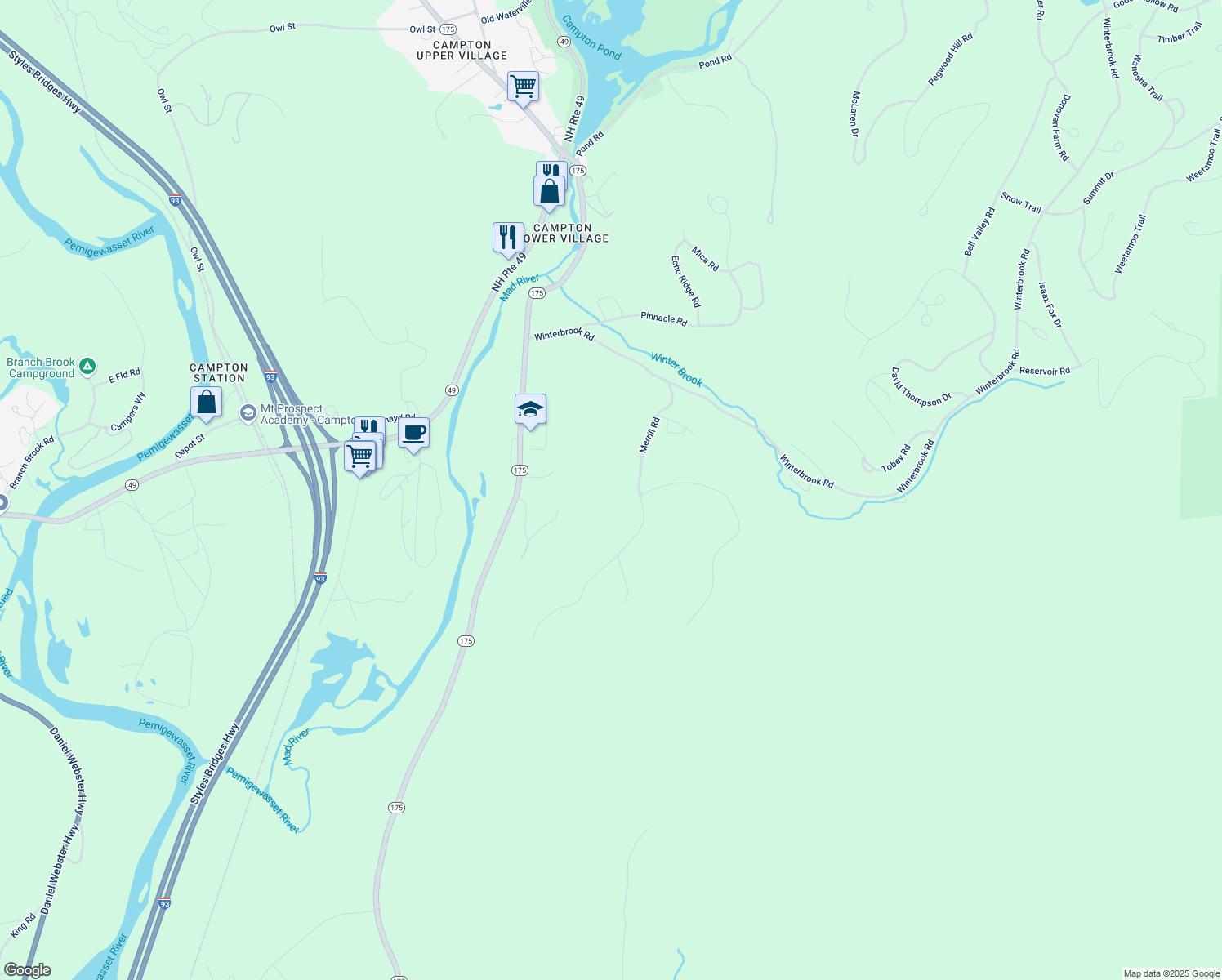 map of restaurants, bars, coffee shops, grocery stores, and more near 64 Merrill Road in Campton