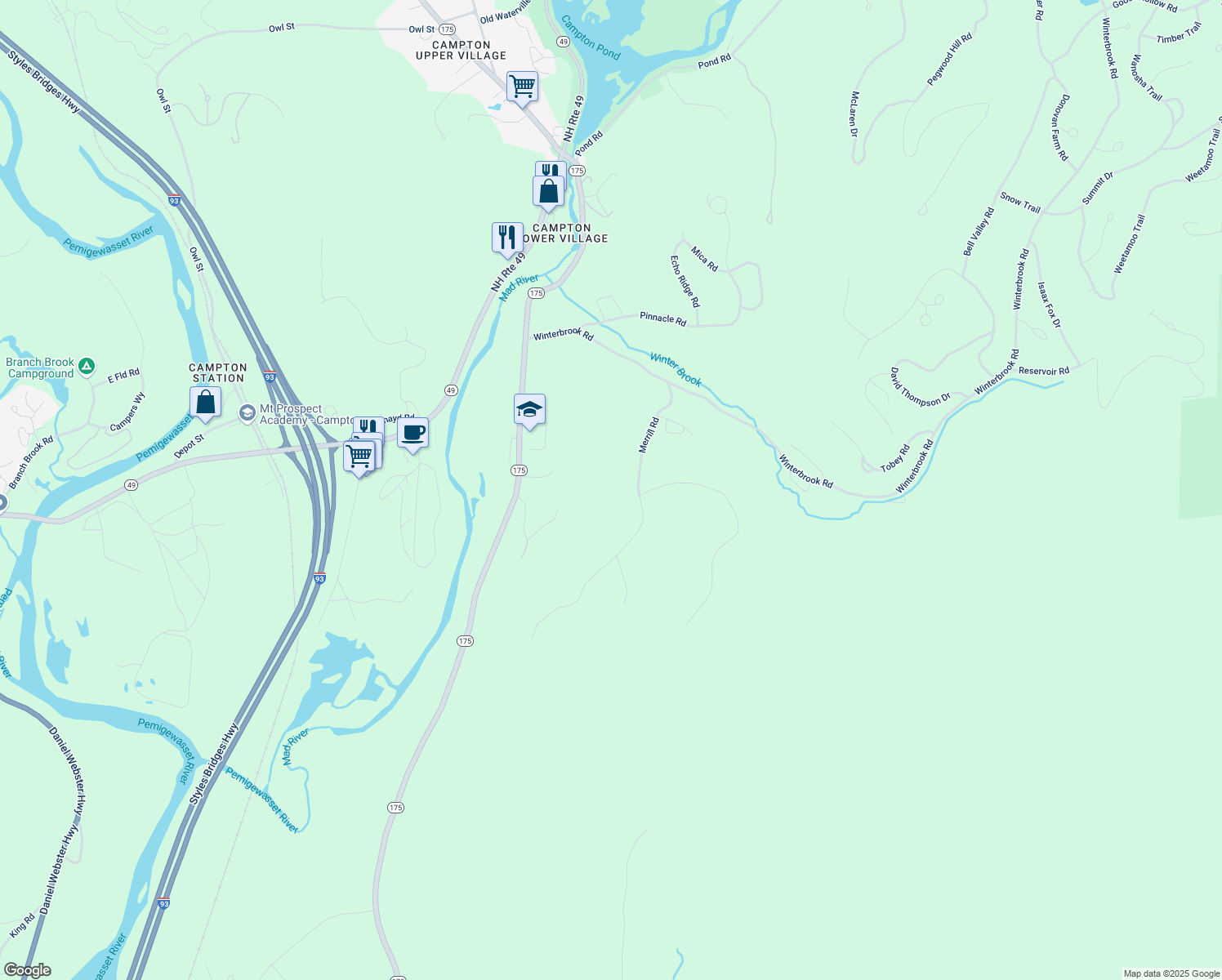 map of restaurants, bars, coffee shops, grocery stores, and more near 64 Merrill Road in Campton