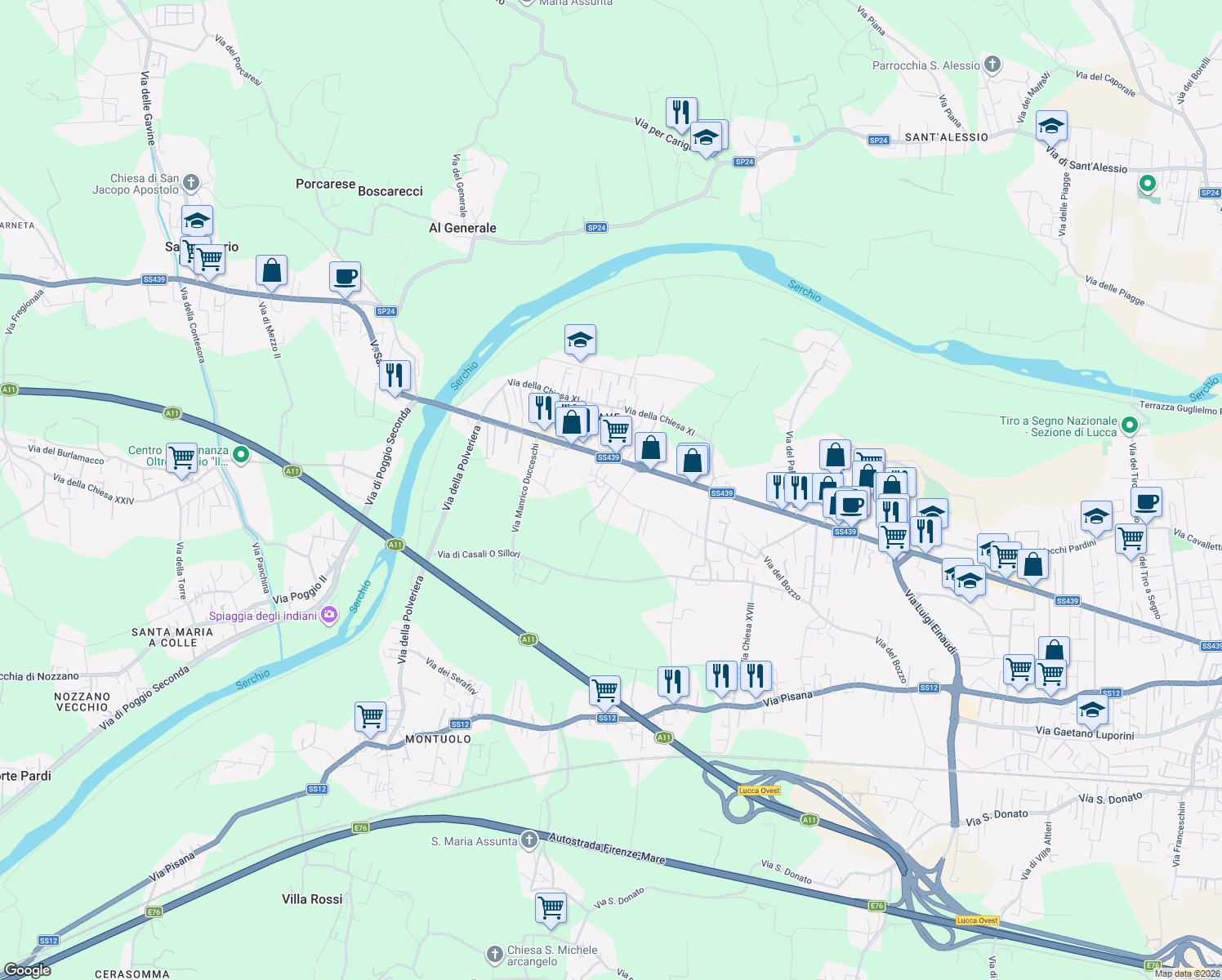 map of restaurants, bars, coffee shops, grocery stores, and more near 160 Via dei Pellegrini in Lucca