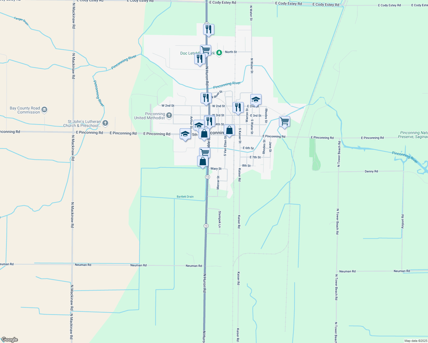 map of restaurants, bars, coffee shops, grocery stores, and more near 3858 North Huron Road in Pinconning
