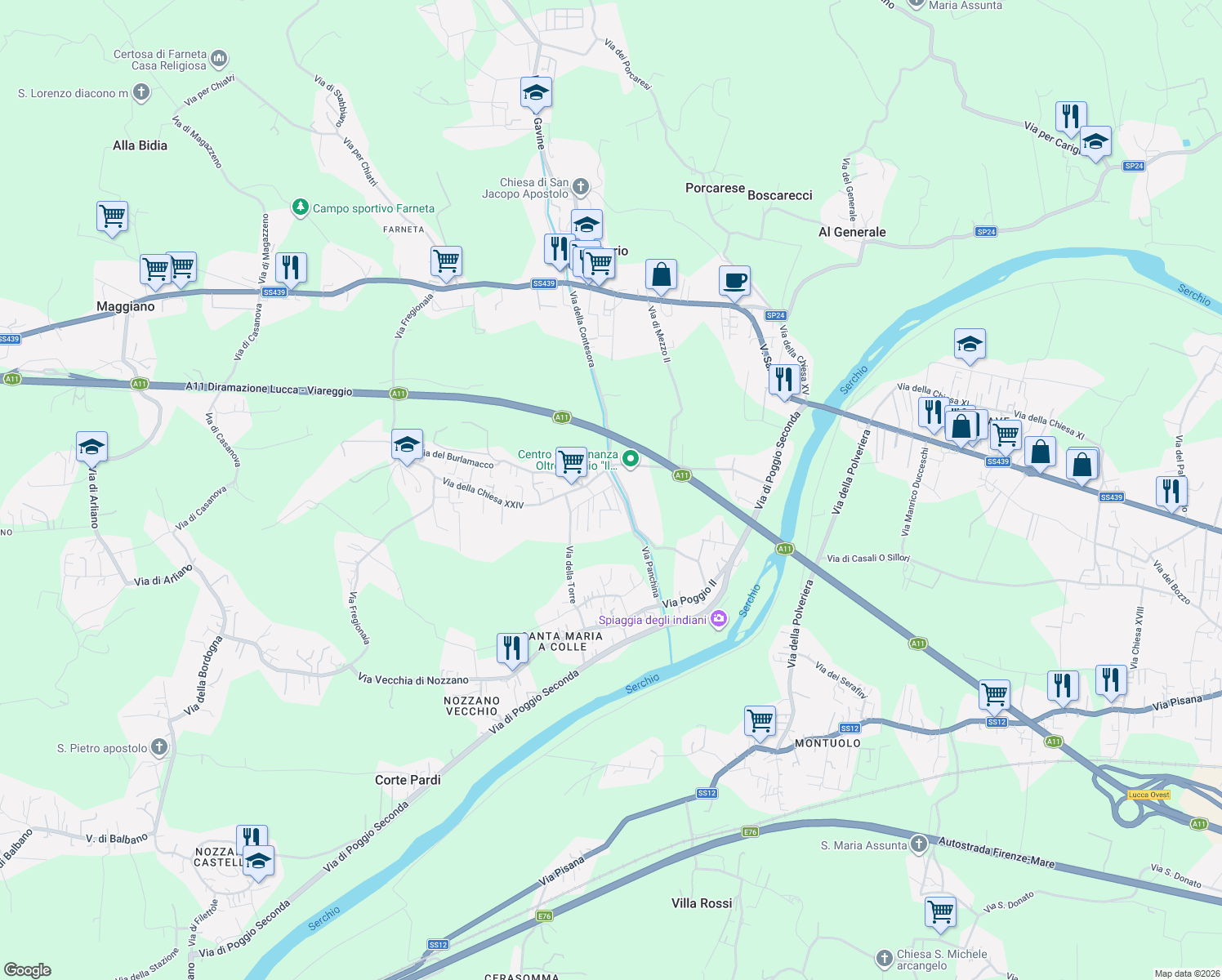 map of restaurants, bars, coffee shops, grocery stores, and more near 14 Traversa I Via Vecchia della Chiesa in Lucca