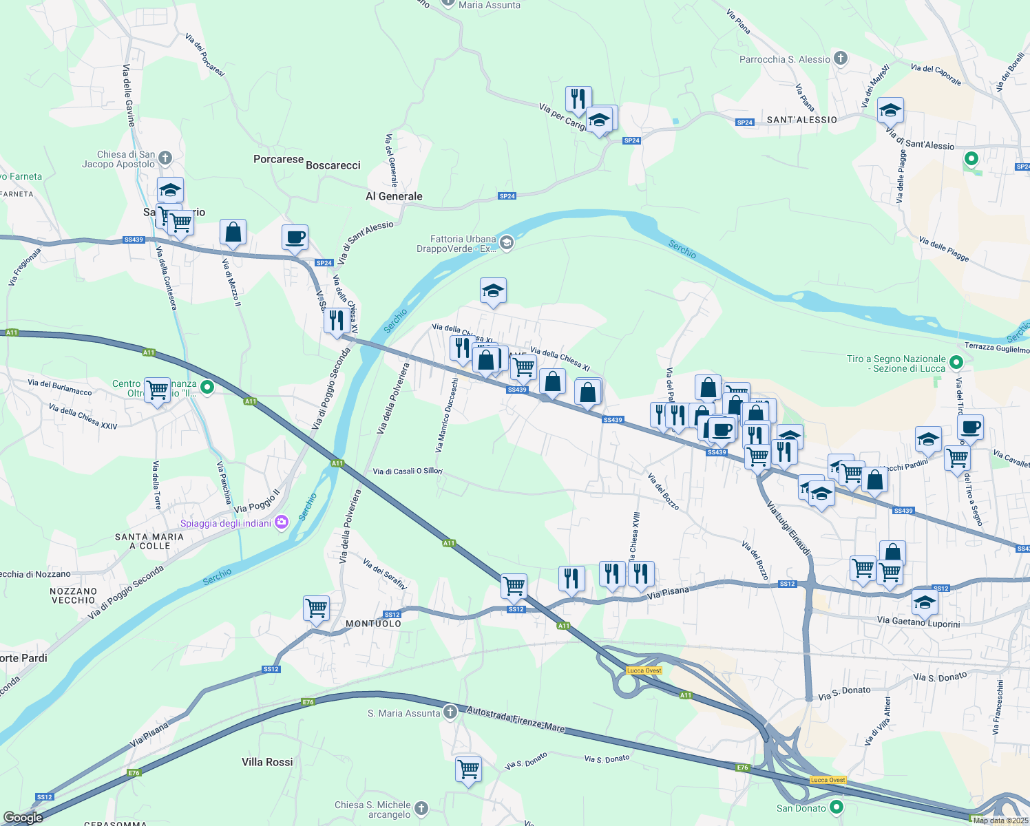 map of restaurants, bars, coffee shops, grocery stores, and more near 130 Via dei Pellegrini in Lucca