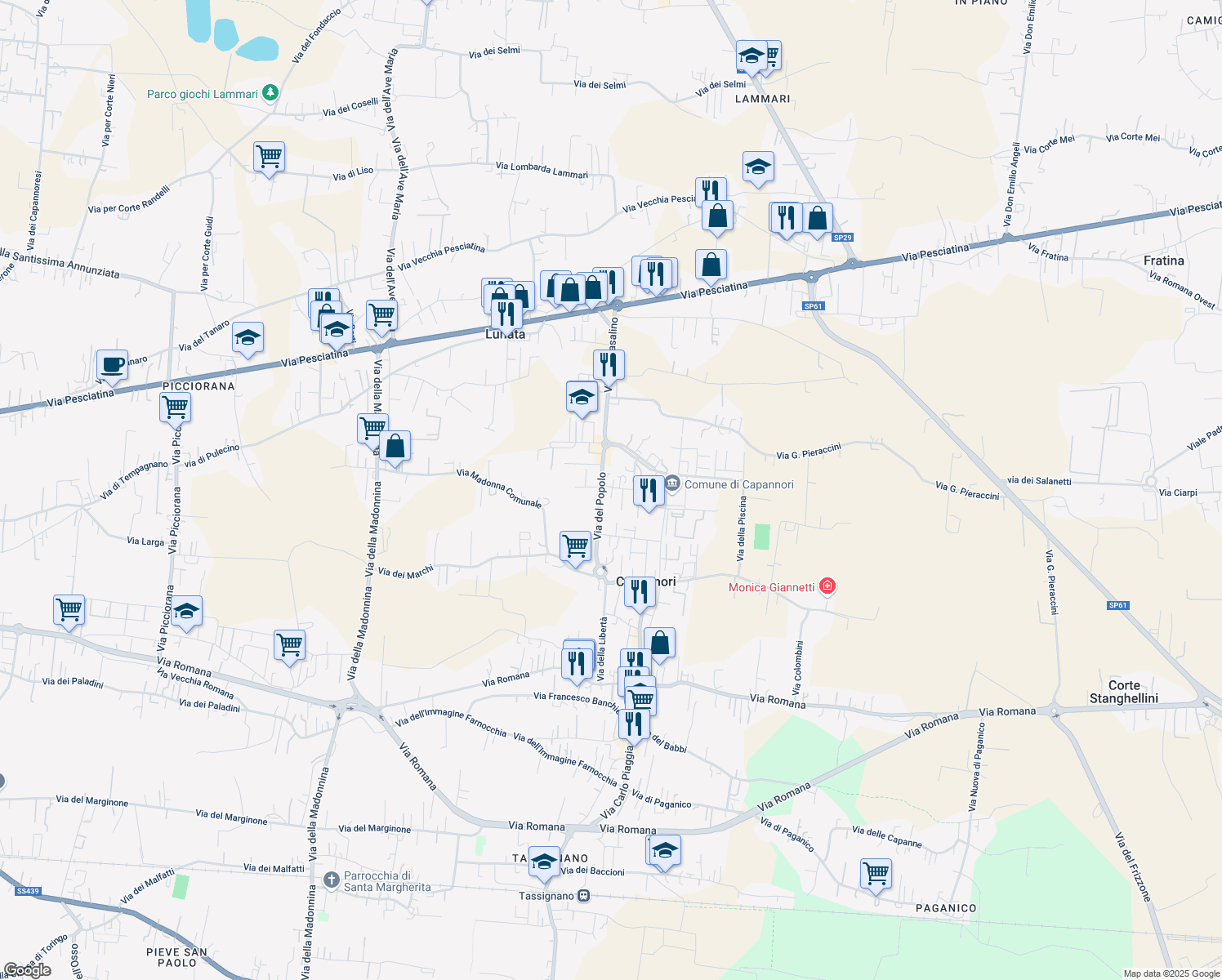 map of restaurants, bars, coffee shops, grocery stores, and more near 140 Via del Popolo in Capannori