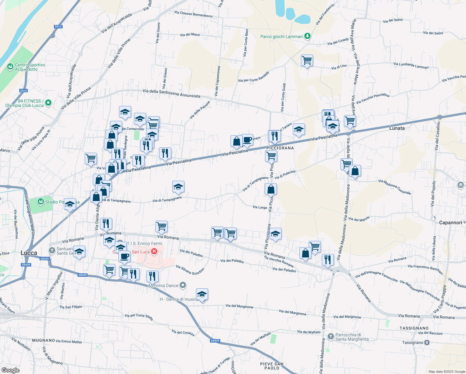 map of restaurants, bars, coffee shops, grocery stores, and more near 1531 Via di Tempagnano in Lucca