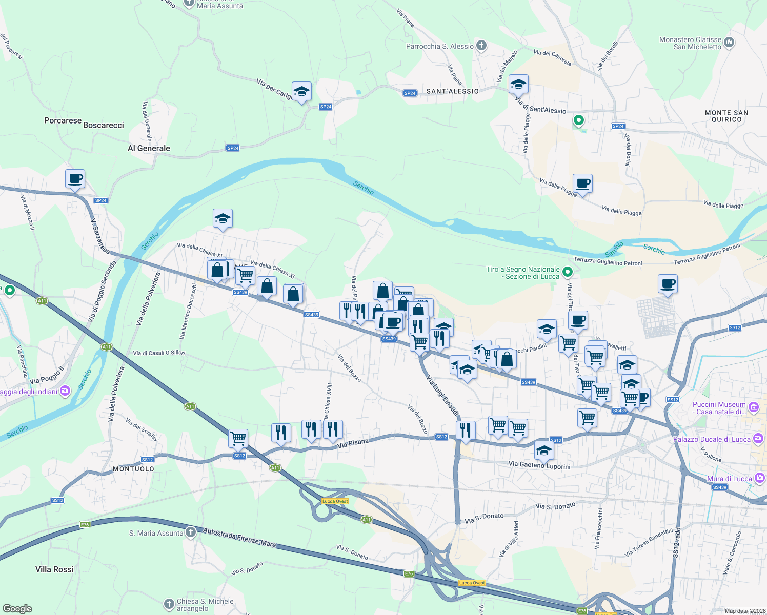 map of restaurants, bars, coffee shops, grocery stores, and more near 62 Via Viaccia in Lucca
