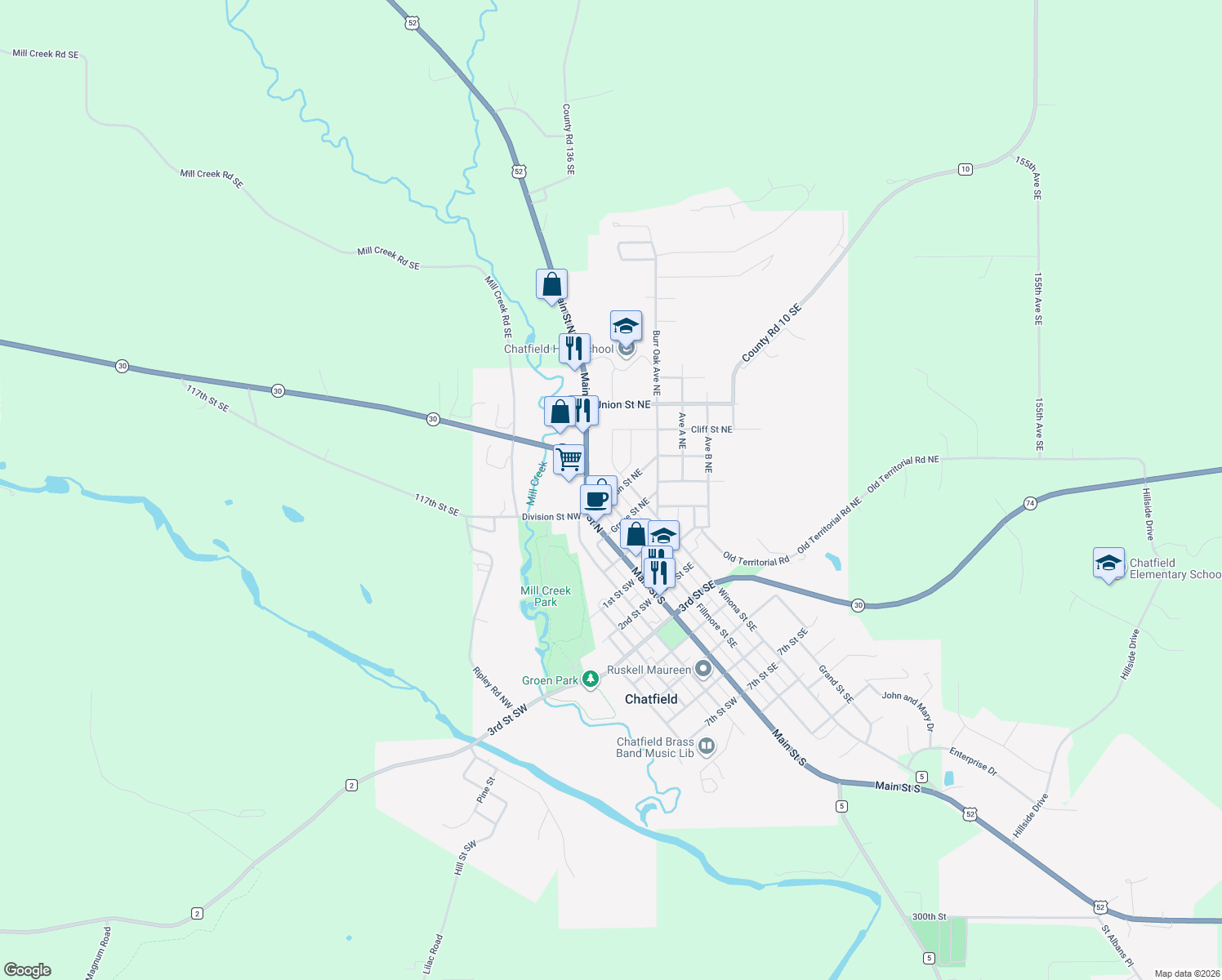 map of restaurants, bars, coffee shops, grocery stores, and more near 204 Fillmore Street Northeast in Chatfield