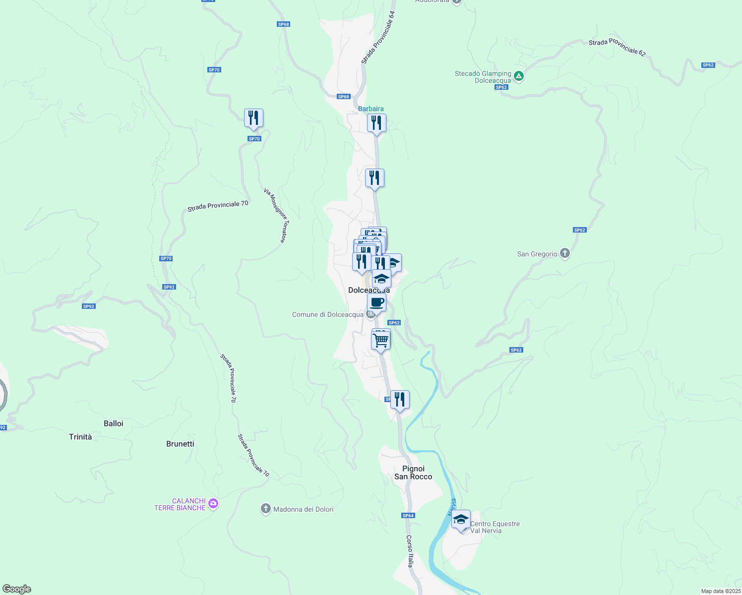 map of restaurants, bars, coffee shops, grocery stores, and more near 36 Via Roma in Dolceacqua