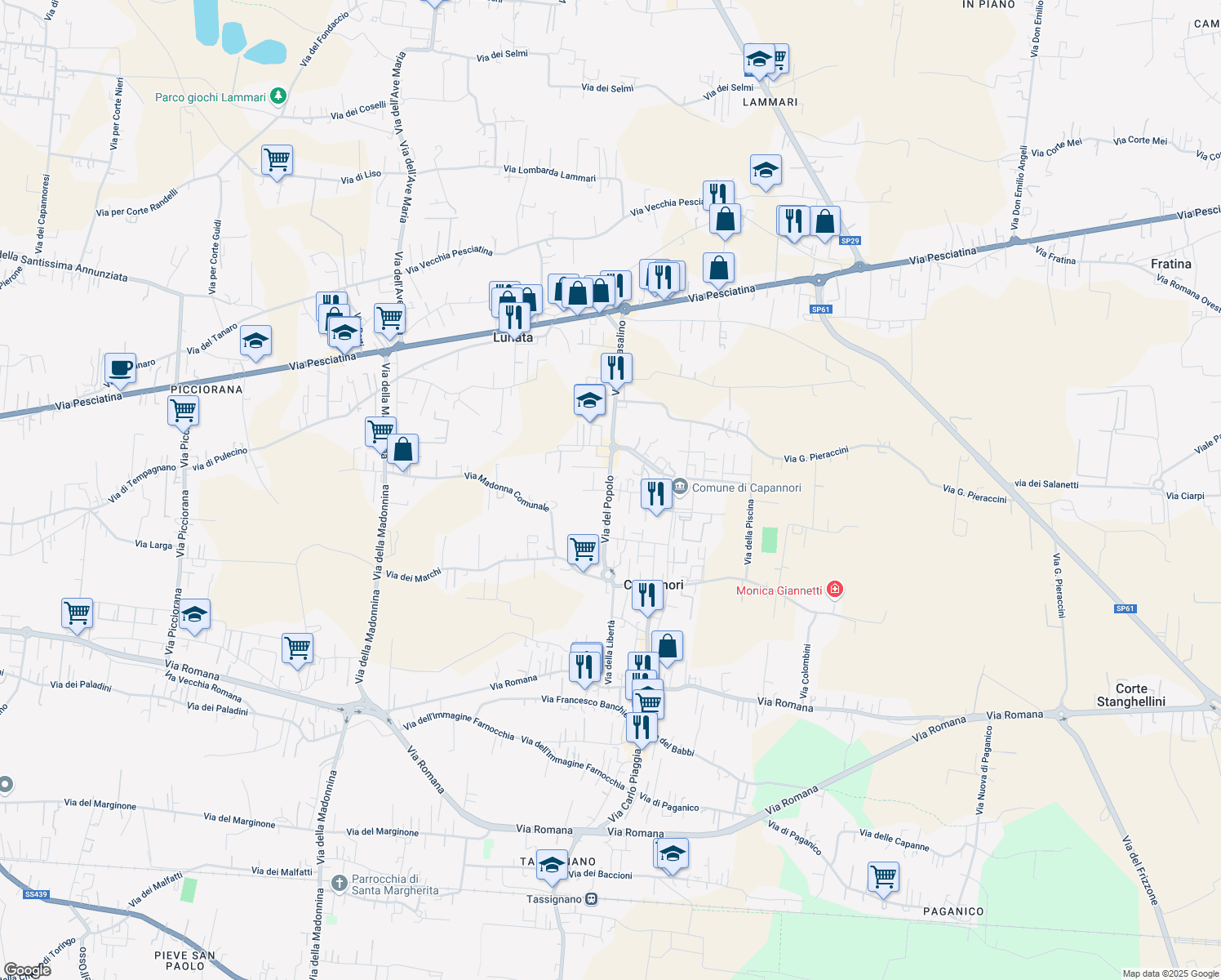 map of restaurants, bars, coffee shops, grocery stores, and more near 140 Via del Popolo in Capannori
